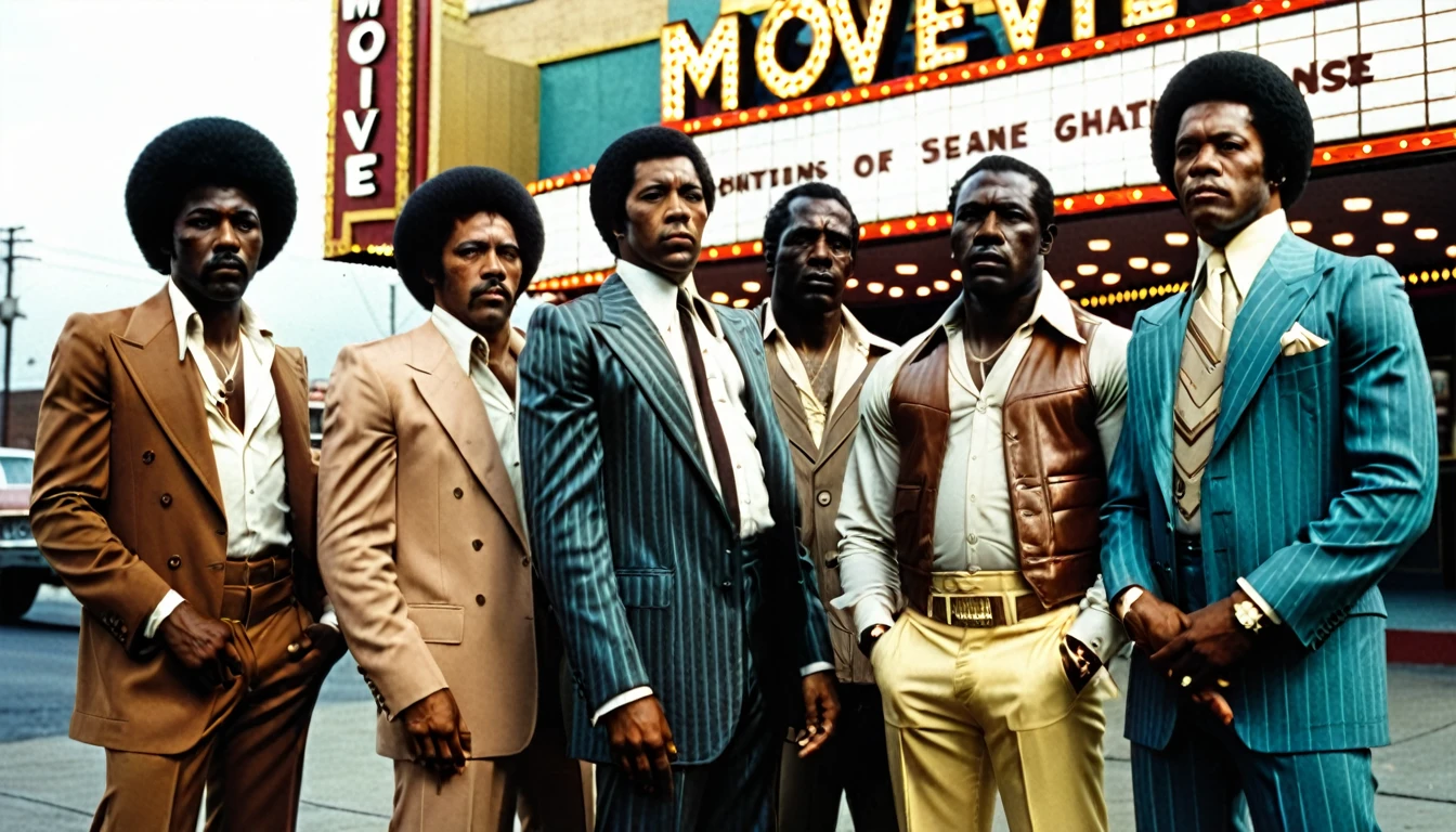 1970s photo of african-american gangsters standing in front of a movie theater,
