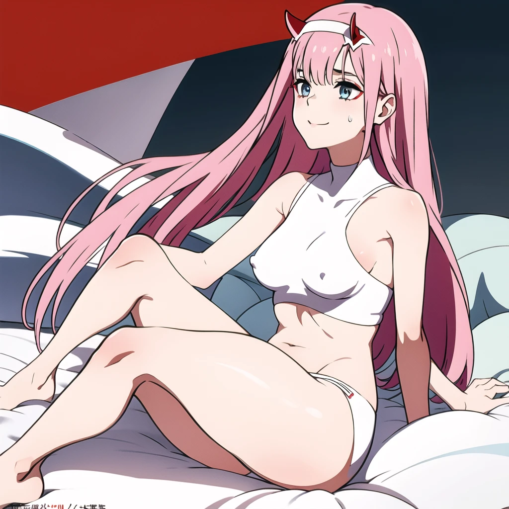 (masterpiece), (8k render quality), best quality), Zero Two, smile, sweat body, small breast, pink hair, red horns, BREAK red bra, transparent clothes, midriff, BREAK white panties, BREAK on bed, sitting, BREAK front view, BREAK provoking, detailed panties