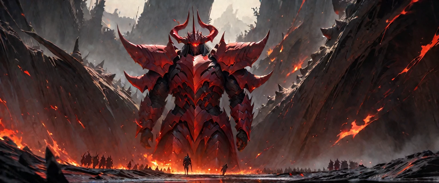  detailed, ink painting, hellscape, dark open space, very detailed, realistic, horrifing spiky environment, wide painting, hell, red flames, ( shady demonic male figures, walking around, horns, slender bodies, spiky demonic armour, red armour plates, faceless, one glowing eye), black mist everywhere, wide shot, atmospheric perspective, perspective, 4k, highres, HD, 4K, best quality, award winning, high quality, super detail, accurate, masterpiece, UHD