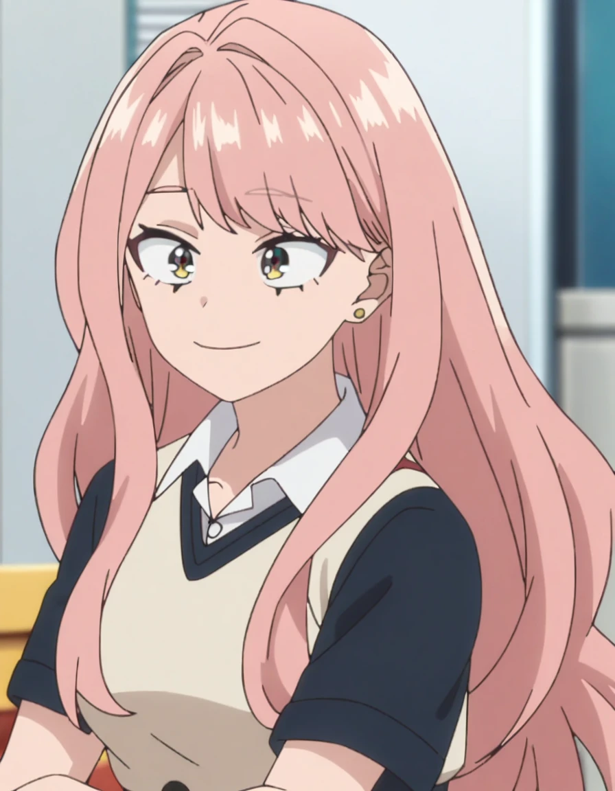 1girl, female focus, my hero academia screencap, boku no hero academia, pink hair, gold eyes, smiling, super long hair, cute, wearing my hero academia , in UA school, cute gold earrings, bangs
