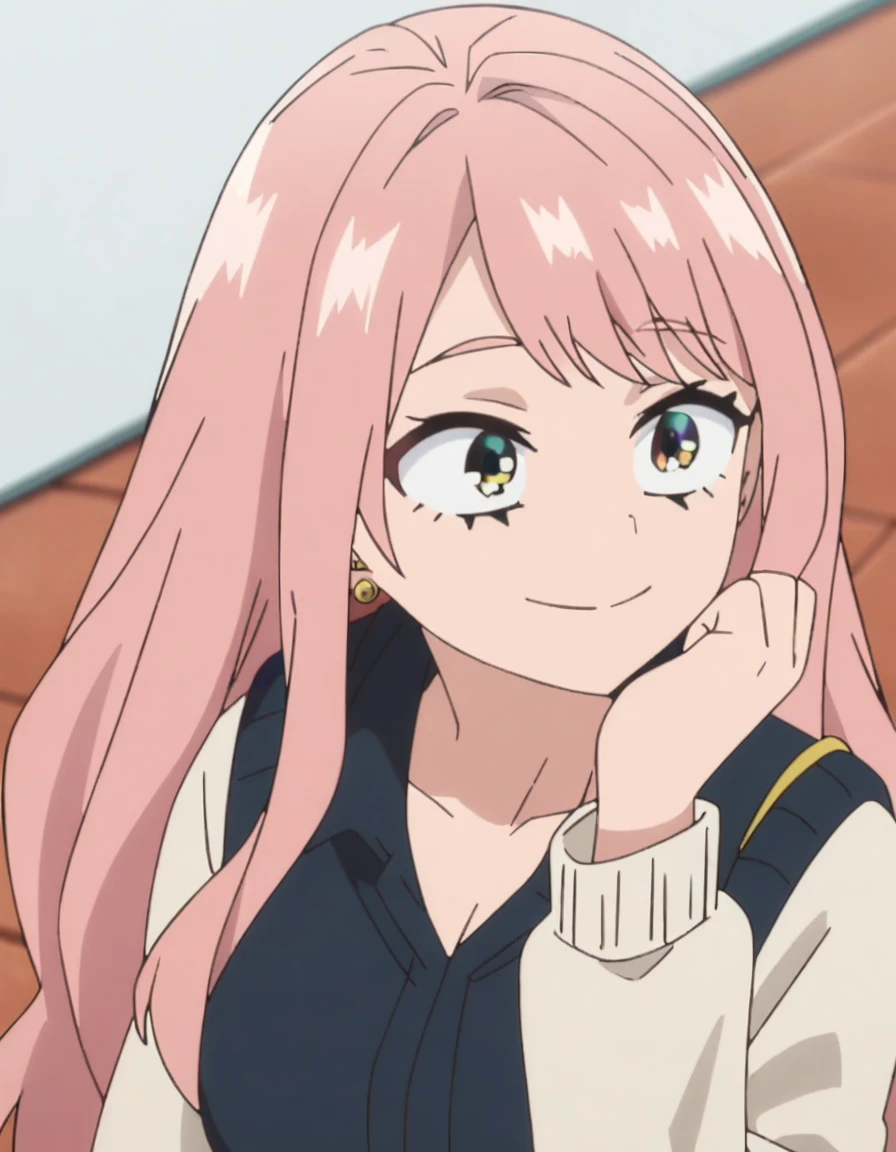 1girl, female focus, my hero academia screencap, boku no hero academia, pink hair, gold eyes, smiling, super long hair, cute, wearing my hero academia , in UA school, cute gold earrings, bangs
