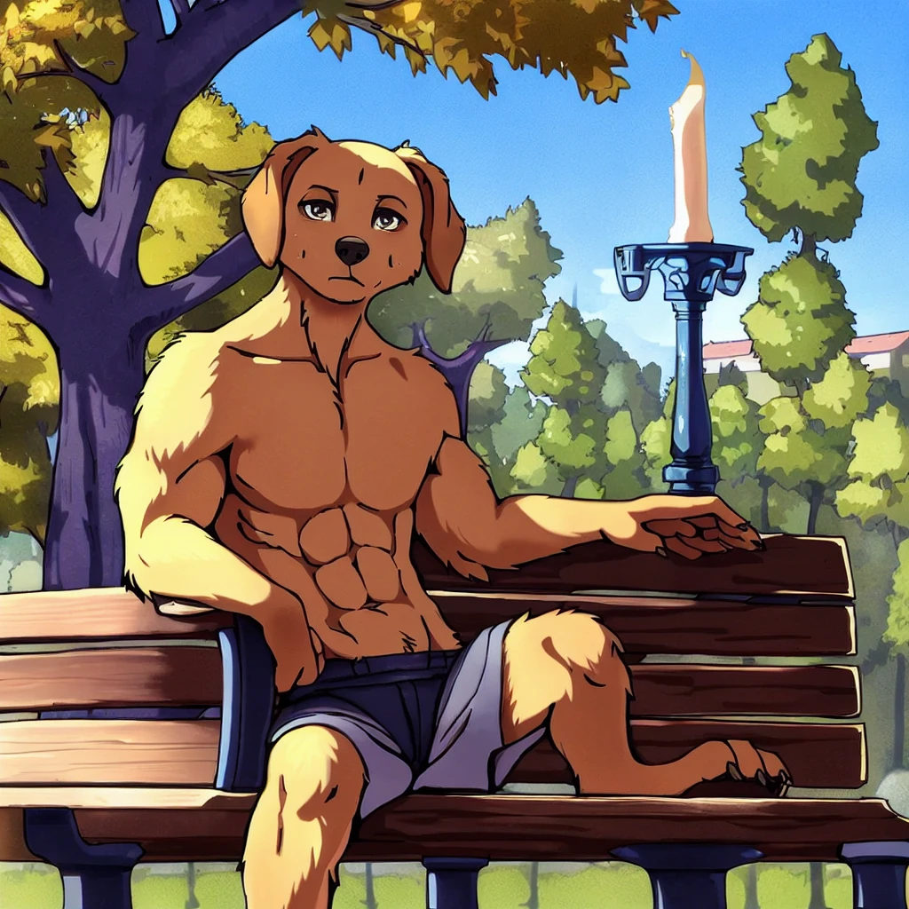  dog anthro, male dog anthro, high detail, lose shorts and tshirt, sitting on park bench, looking at viewer, photography, fit, soft shading, detailed fur, realistic, [by kacey miyagami by personalami by devil-vox], by ghibli, soft shading, clahe, scurve, paper texture, muscular, film grain, low saturation, classical animation, pastel colors, fading, golden retriever, buff, (chiseled abs, chiseled pecs, fully naked, sweating)