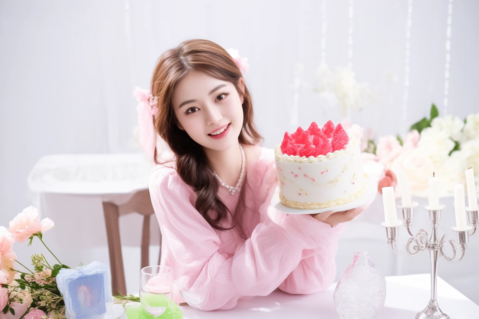 there is a woman sitting at a table with a cake, holding a birthday cake, eating cakes, cute:2, cake in hand, cake, tzuyu from twice, photo taken with nikon d750, photo taken with nikon d 7 5 0, a cute young woman, ulzzang, sha xi, magazine photo, photoshoot, happy birthday