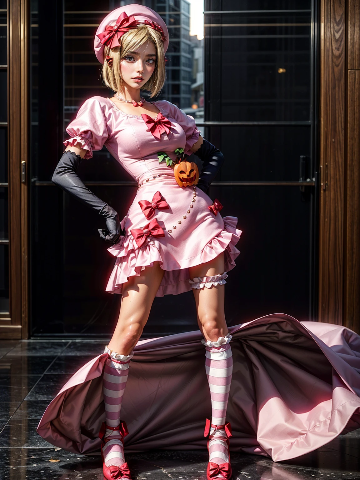 (1 lady), The beautiful, (Best quality at best:1.4), (ultra - detailed), (extremely detailed CG unified 16k), gold blonde hair, very detailed, High-definition RAW color photo, professional photoshooting, amazing face and eyes, cosmetics, (amazingly beautiful girl), ((lambdadelta, tall woman, taller)), ((dress, shoes bow, red shoes, striped stockings, red bow, pink hat, necklace, gloves, pearl, pumpkin brooch, pink dress)), standing, sexyposture,(Dark and stylish sunset street, urban landscape, blue sky), (look from down), realistic cinematic face, head to feet long wide zoomed out view, full body long view, photorealistic, ((realistic natural blonde hair style, honey eyes)), gorgeous, extremely beautiful face, perfect model beauty, pout mouth, flirting smile, cleavages, city girl, western, shopping in the city, (masterpiece), best quality, high resolution, extremely detailed, blurred background, depth of field, cinematic lighting, (amazing legs, strong legs, athletic legs), high heels, clear and well-cared skin