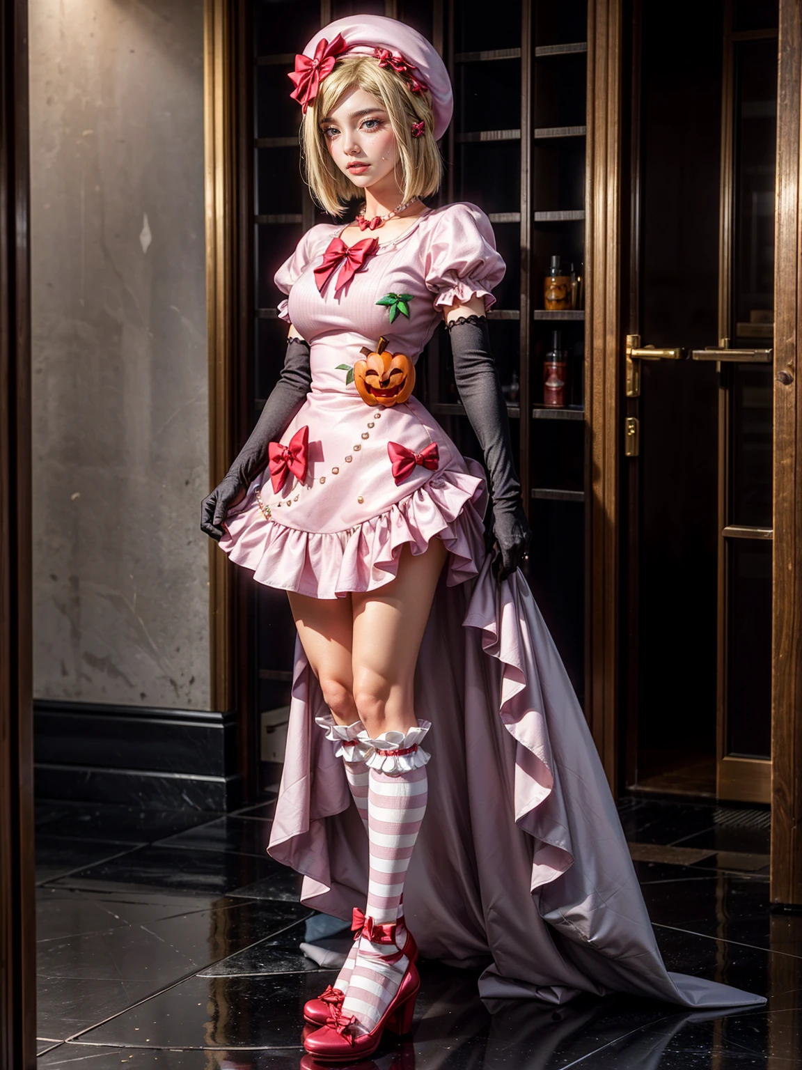 (1 lady), The beautiful, (Best quality at best:1.4), (ultra - detailed), (extremely detailed CG unified 16k), gold blonde hair, very detailed, High-definition RAW color photo, professional photoshooting, amazing face and eyes, cosmetics, (amazingly beautiful girl), ((lambdadelta, tall woman, taller)), ((dress, shoes bow, red shoes, striped stockings, red bow, pink hat, necklace, gloves, pearl, pumpkin brooch, pink dress)), standing, sexyposture,(Dark and stylish sunset street, urban landscape, blue sky), (look from down), realistic cinematic face, head to feet long wide zoomed out view, full body long view, photorealistic, ((realistic natural blonde hair style, honey eyes)), gorgeous, extremely beautiful face, perfect model beauty, pout mouth, flirting smile, cleavages, city girl, western, shopping in the city, (masterpiece), best quality, high resolution, extremely detailed, blurred background, depth of field, cinematic lighting, (amazing legs, strong legs, athletic legs), high heels, clear and well-cared skin