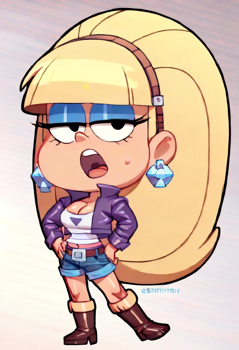 ((1girl, solo, chibi, large head, short stature)) masterpiece,best quality, highly detailed, pacifica northwest from gravity falls, 1girl, solo, cleavage, blonde hair, long hair, earrings, jewelry, makeup,, blue eyeshadow, boots, looking at viewer, blunt bangs, bangs, long hair, belt, hoop earrings,  purple jacket, angry expression, clenching teeth, blushing blue eyes, standing, full body, brown boots,seen from below, dynamic angle , purple hairband, forest background, standing, campfire, flat chest, light blue jeans, ((wetting self, pee stains, puddle)), hands on hips