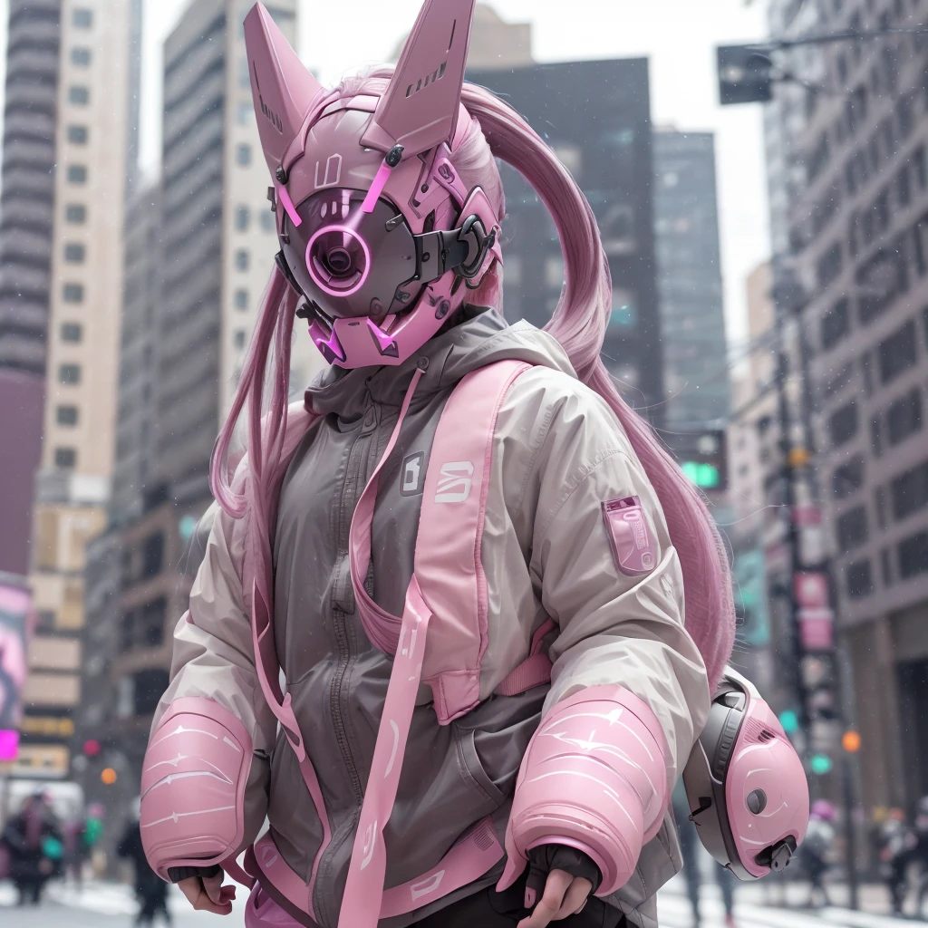 1girl, helmet, Solo, Extra-long_Hair, bangs, The upper part of the body_Body, Pink_Hair, Blurry, Grey_Eyes, Mask, Mouth_Mask, Covered_Mouth, Urban tech clothing, Outfit, with light glowing,zipperechanical booties, white blank background