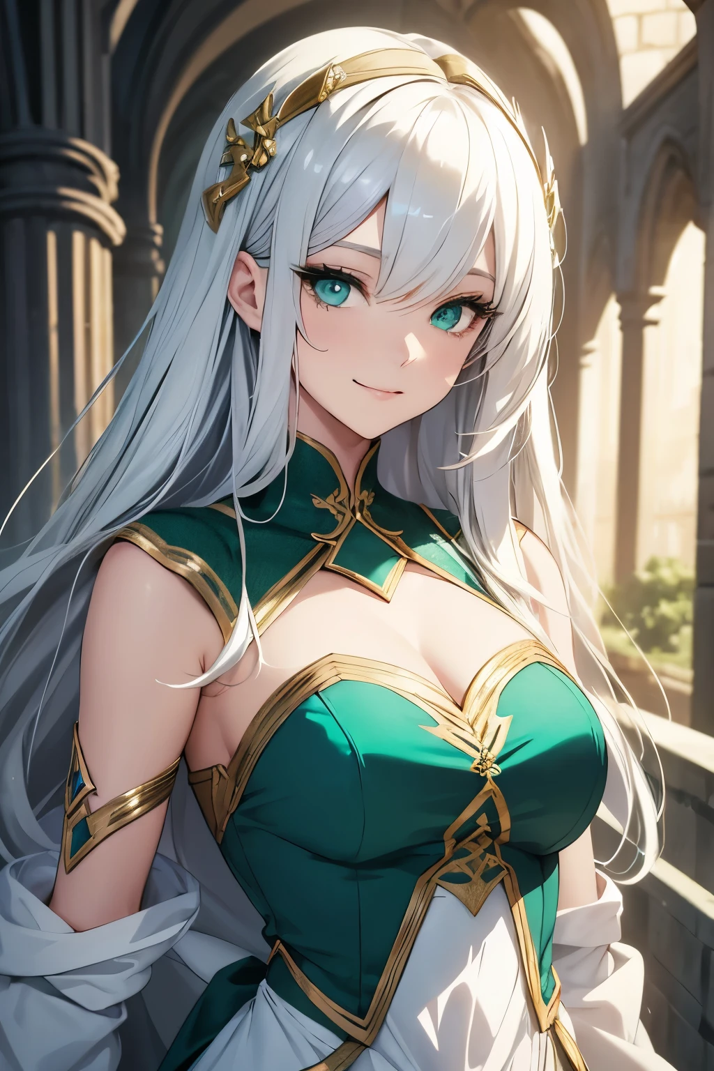 draw a drawing of a girl with silver hair and green eyes, wearing a white and gold dress from the middle ages, estilo de desenho de manhwa, sorriso
