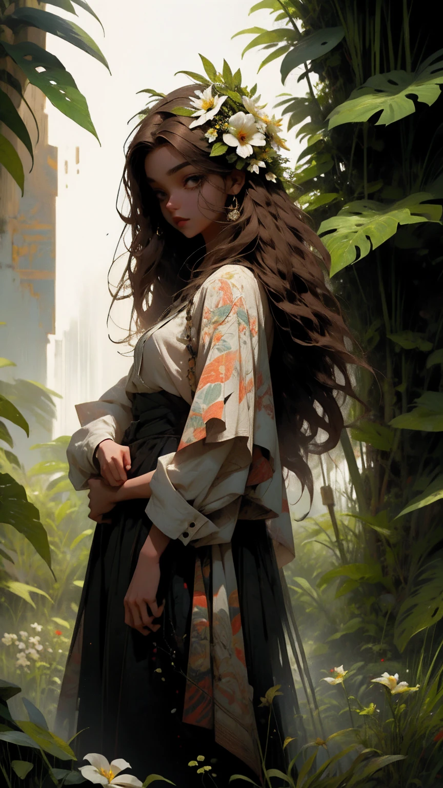 YXYcolor,1girl, only, light brown hair, Flower, hair ornament, very long hair, upper body, Looking at the viewer, Simple background, leaf, Plant, shirt, white shirt, white flower, red lips, black eyes, tropical leaves on the background