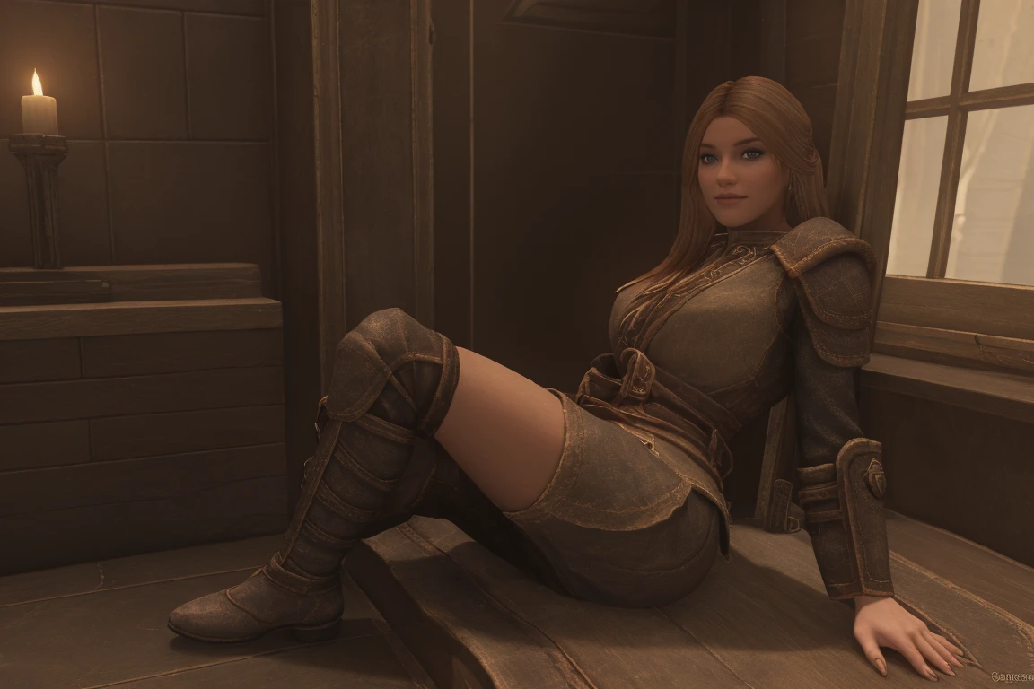 Elder Scrolls fantasy: A seductive female Breton maiden sits poised on the ship to Daggerfall, her crossed legs a subtle invitation. Soft sunlight bathes her porcelain skin as she wears a tantalizingly short skirt and knee-high leather boots, her smile beckoning the viewer's gaze. Her eyes sparkle with mischief, inviting all who lay eyes on her to join in the adventure.