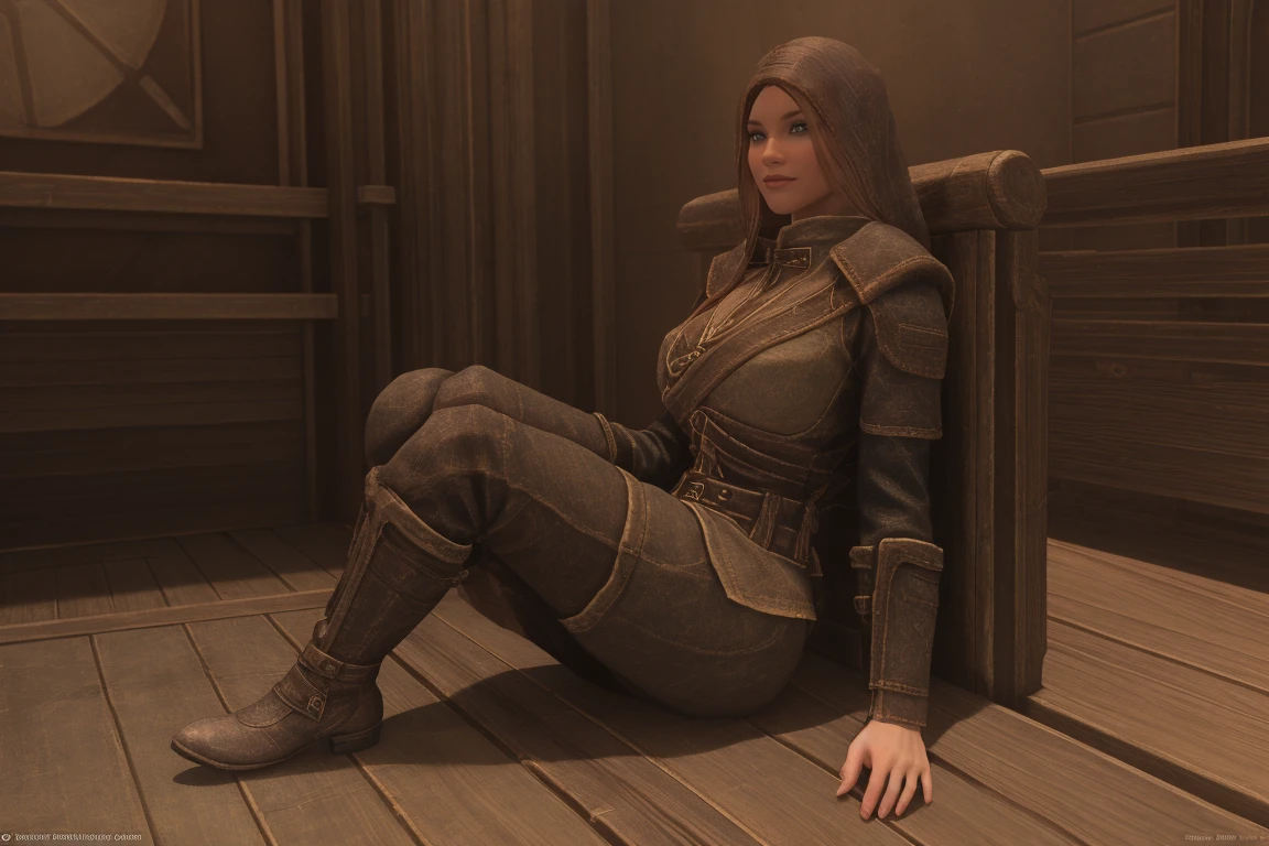 Elder Scrolls fantasy: A seductive female Breton maiden sits poised on the ship to Daggerfall, her crossed legs a subtle invitation. Soft sunlight bathes her porcelain skin as she wears a tantalizingly short skirt and knee-high leather boots, her smile beckoning the viewer's gaze. Her eyes sparkle with mischief, inviting all who lay eyes on her to join in the adventure.