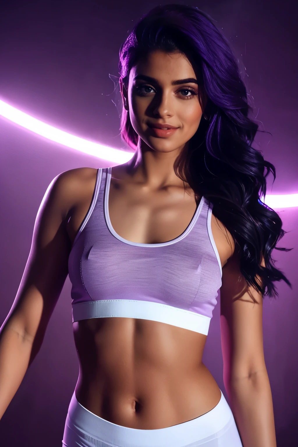 An indian Instagram model, wearing a purple sports bra, with white border, in a light background, rim light, key lights, volumetric smoke, giving lusty smile,