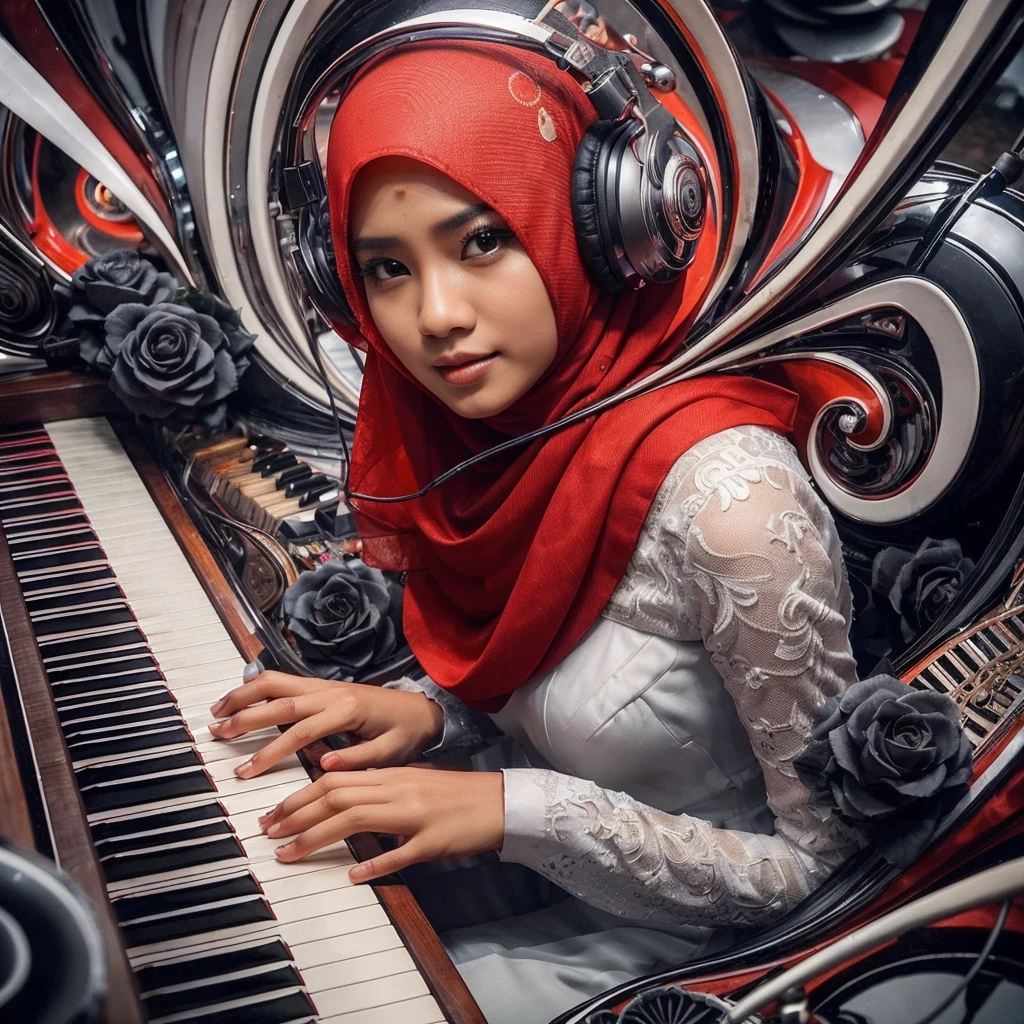 seorang wanita Indonesia main piano, deminsi tinggi, tambahkan icon musik, fantasi design dengan Lipatan kaca cermin berputar putar yang artistik, (seorang wanita cantik kuku merah, hijab warna merah, gaun putih, mata mempesona duduk di belakang piano sambil memainkan piano, menggunakan headphone, pose wajah menghadap ke depan kamera terlihat dekat buket mawar hitam, lantaran belakan cermin, abstrak dan artistik dan definisi tinggi UHD 64K yang Hyper realistic)