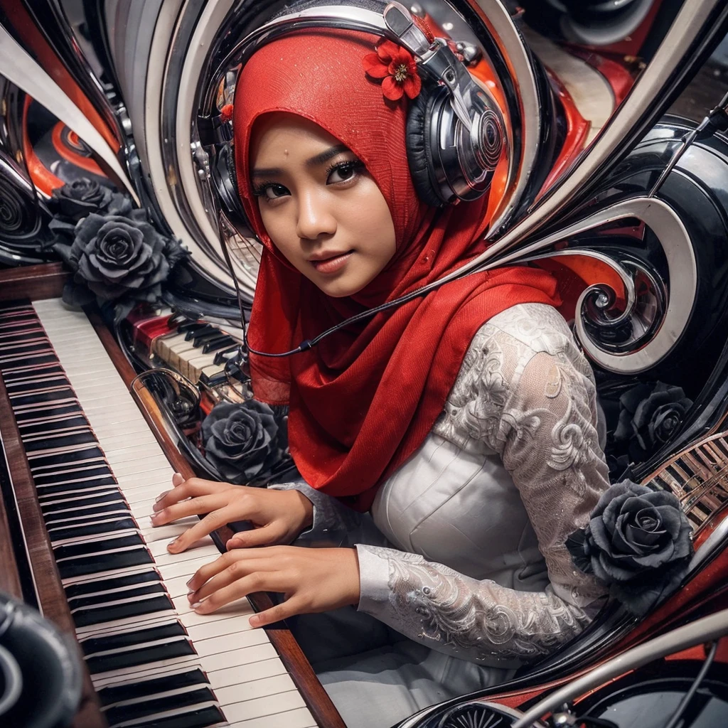 seorang wanita Indonesia main piano, deminsi tinggi, tambahkan icon musik, fantasi design dengan Lipatan kaca cermin berputar putar yang artistik, (seorang wanita cantik kuku merah, hijab warna merah, gaun putih, mata mempesona duduk di belakang piano sambil memainkan piano, menggunakan headphone, pose wajah menghadap ke depan kamera terlihat dekat buket mawar hitam, lantaran belakan cermin, abstrak dan artistik dan definisi tinggi UHD 64K yang Hyper realistic)