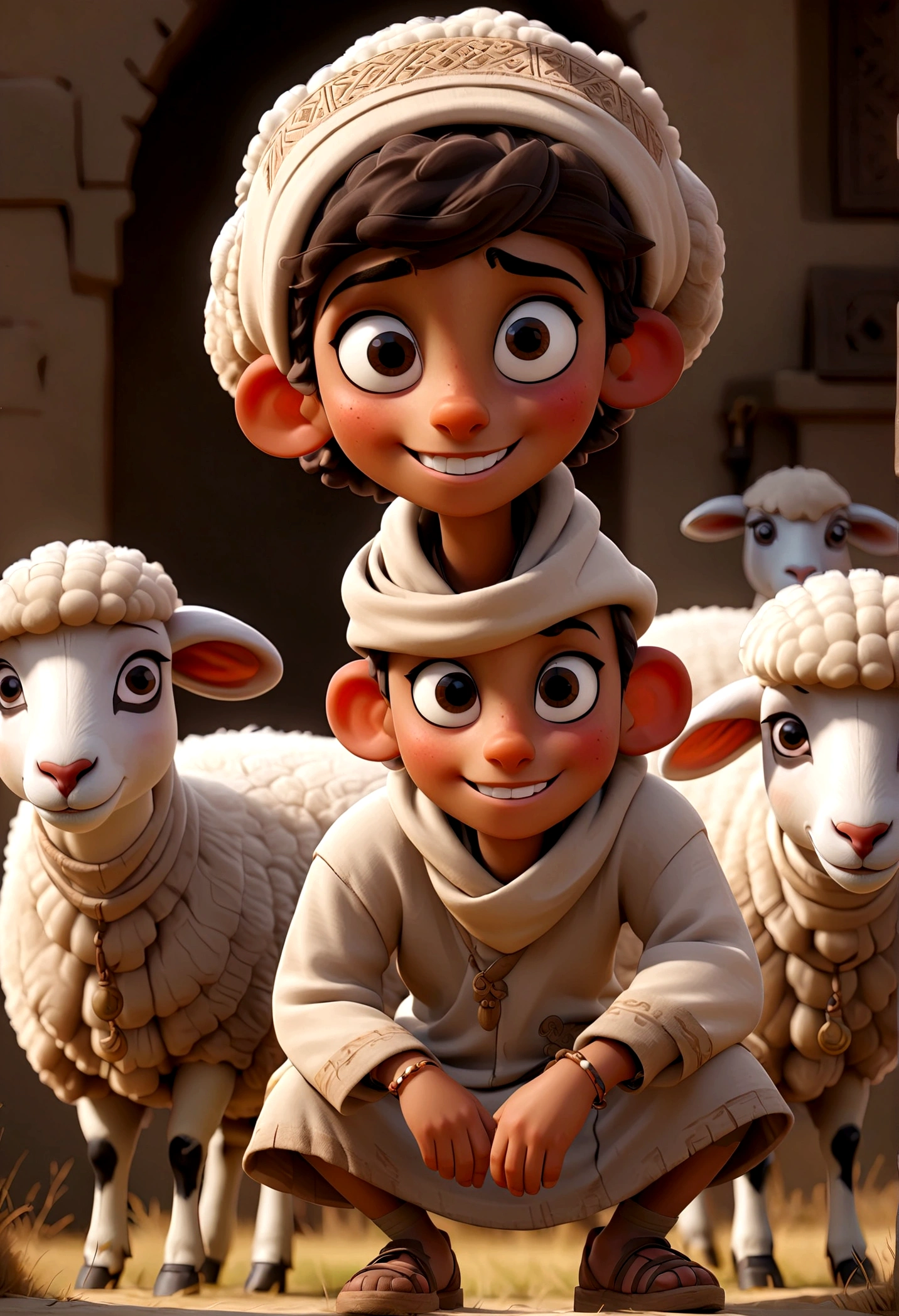 a boy stranding with a sheep beside him, wide smile, the boy wearing kufi, full body, detailed face, intricate details, highly detailed, cinematic lighting, dramatic shadows, bright atmosphere, digital painting, masterpiece, best quality, very aesthetic