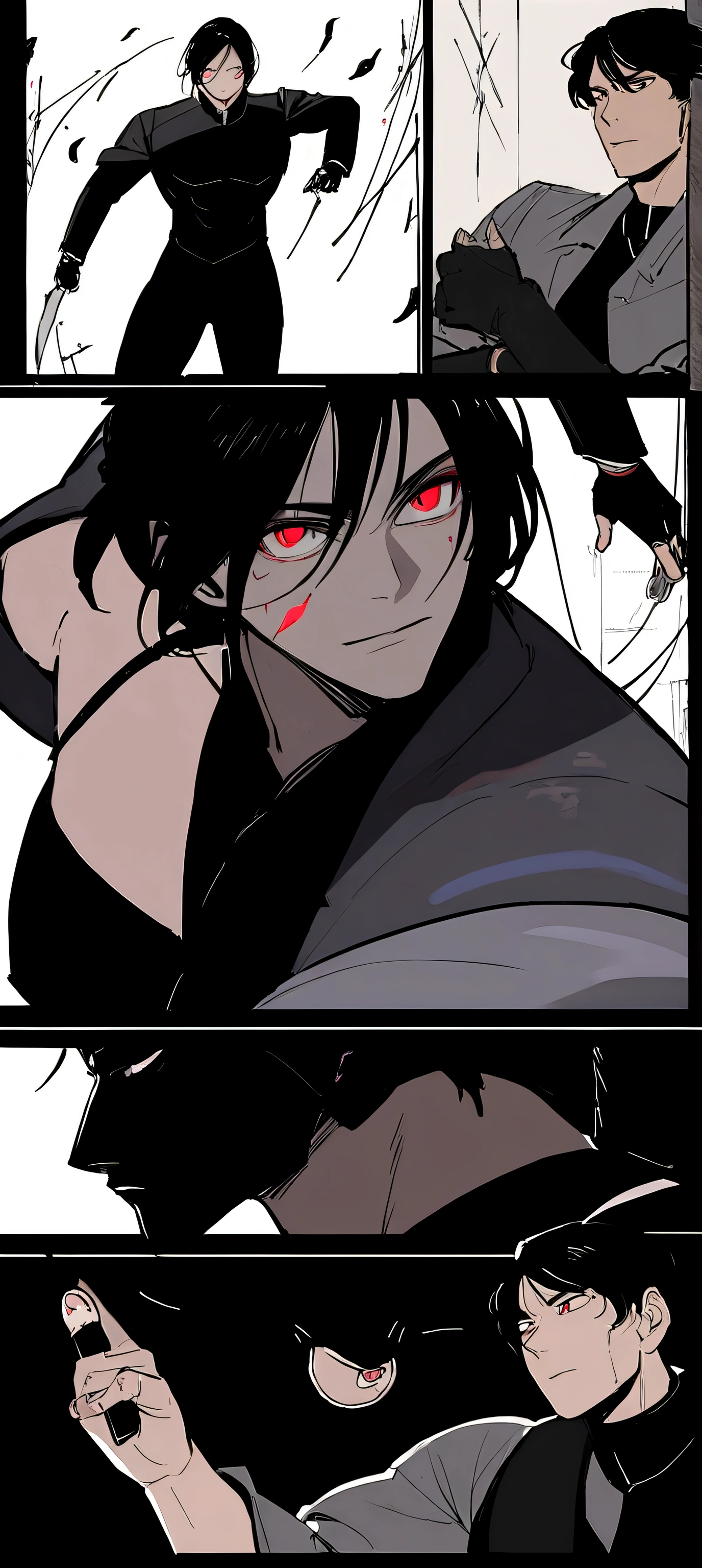Boy similar to Sangwoo who has a knife in his hand and has a dominant pose, He is tall and has a slightly muscular body. Make it the same as the image