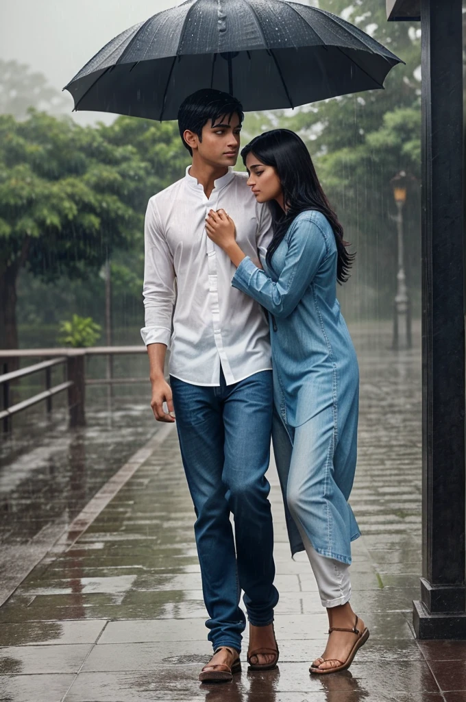 A romantic scene where a boy and a girl walk hand-in-hand in heavy rain, completely soaked. The boy is wearing jeans and a shirt, and the girl is in a traditional kurta. They gaze into each other's eyes romantically, with raindrops falling all around them, creating a dreamy and intimate atmosphere. "No umbrella" with them.