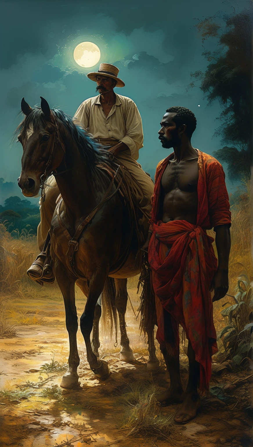 Night scene of Colonial Brazil, 1880s, White Farm Lord on horseback, looking at the horizon with a sad expression, while the Black captive stands next to him on foot in fear eye, sharing a moment of complicity and silent connection, 1880s, handmade painting, harmoniously mixing 2D and 3D styles, watercolor with graffiti and oil painting. Impressionist style with vibrant colors and intricate patterns, mix of 2D and 3D with details of peeling paint, the Gaucho plains stretch as far as the eye can see at midnight, 1880s, painting with artistic harmony, conceptual art station. Hyper-realistic painting, surreal matte painting, magical realism matte painting, mix of 2D and 3D, harmonious mix of artistic styles such as graffiti, watercolor and oil painting, craft painting. The vibrant colors and intricate patterns of colonial Farm Lord and your loved captive, complexity of human and social relationships at the time, 1880s art, hyper-realistic handmade painting, by a renowned conceptual artist