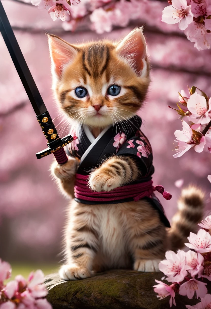 Amazing detailed photograph of a cute and adorable samurai kitten holding a Katana with 2 legs, Cherry blossom petals floating in the air, high resolution, ojos penetrantes,piel realista, Antialiasing, FXAA, eliminar ruido, Post-production, efectos de sonido, Incredibly detailed & Intrincado, hipermaximalista, elegant, florido, Hyper realistic, super detailed, Black Colorization, sereno, 16K resolution, cuerpo completo,