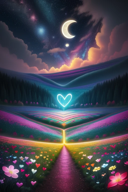 ValentineNatureStyle,flower,outdoors,sky,tree,no humans,night,grass,star (sky),heart shaped stars,heart shaped moon,nature,night sky,scenery,starry sky,field,colorful
,heart shaped flower,valentine,  