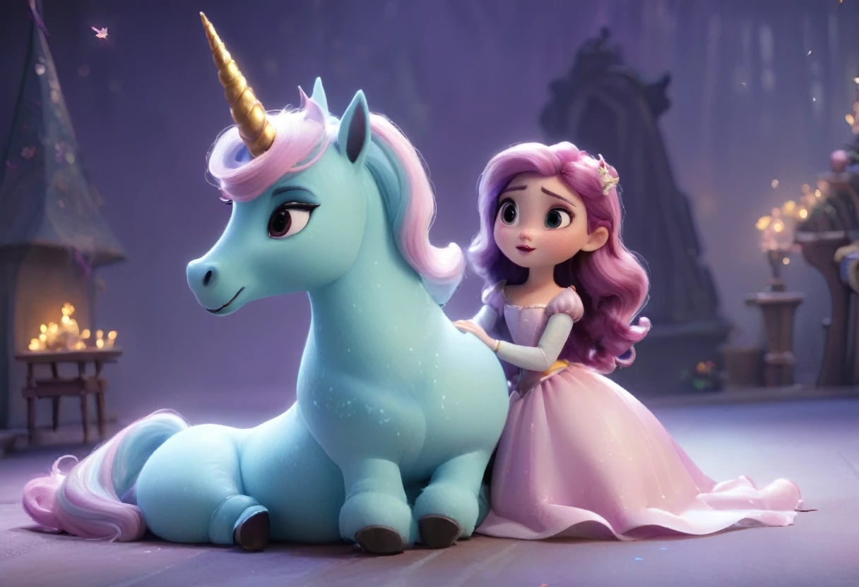 a wicked witch turned the girl unicorn into an ugly toy,and a good fairy lifted the curse but the magic horn on the girl's head remained forever,girl with a unicorn horn,magic horn on the beautiful girl's head,Pixar ((unicorn girl)).