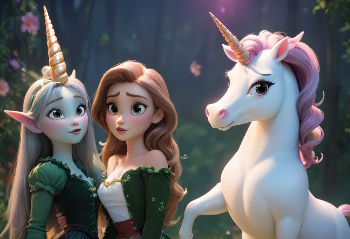 a wicked witch turned the girl unicorn into an ugly toy,and a good fairy lifted the curse but the magic horn on the girl's head remained forever,girl with a unicorn horn,magic horn on the beautiful girl's head,Pixar ((unicorn girl)).