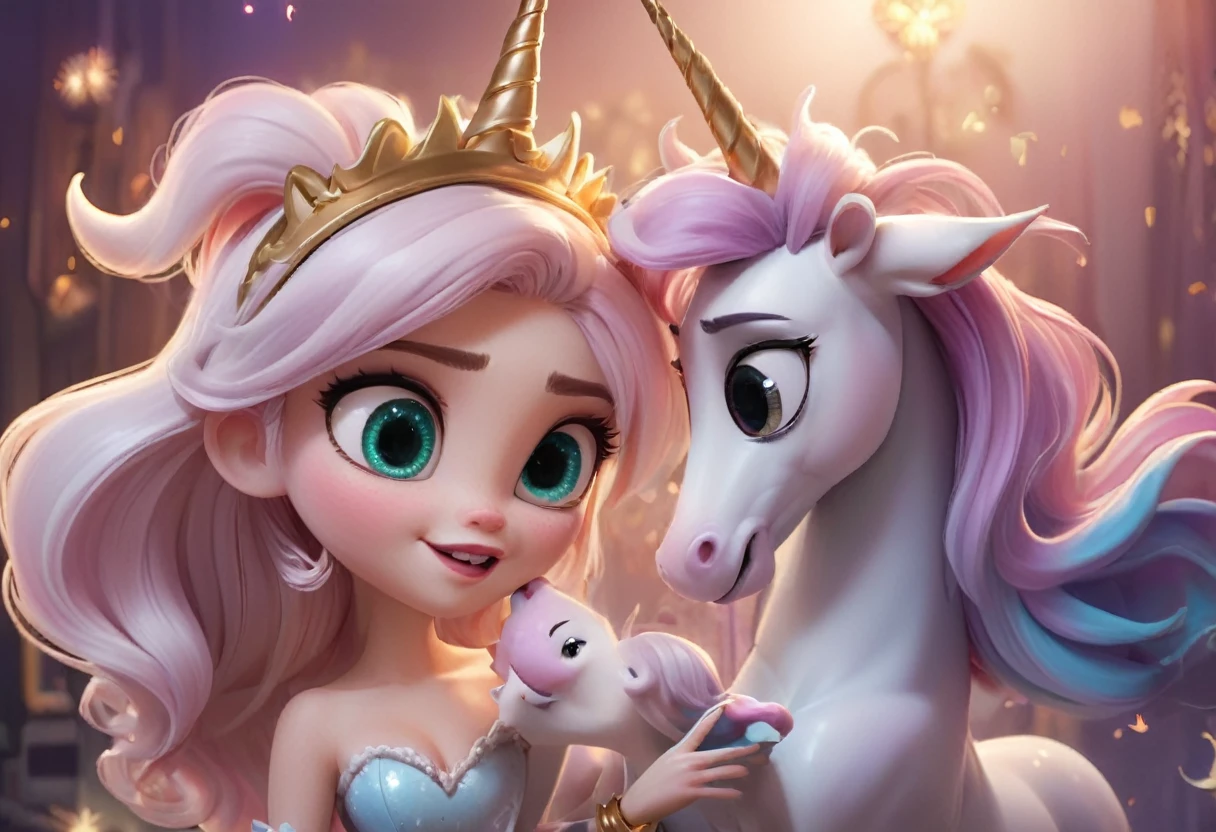 a wicked witch turned the girl unicorn into an ugly toy,and a good fairy lifted the curse but the magic horn on the girl's head remained forever,girl with a unicorn horn,magic horn on the beautiful girl's head,Pixar ((unicorn girl)).