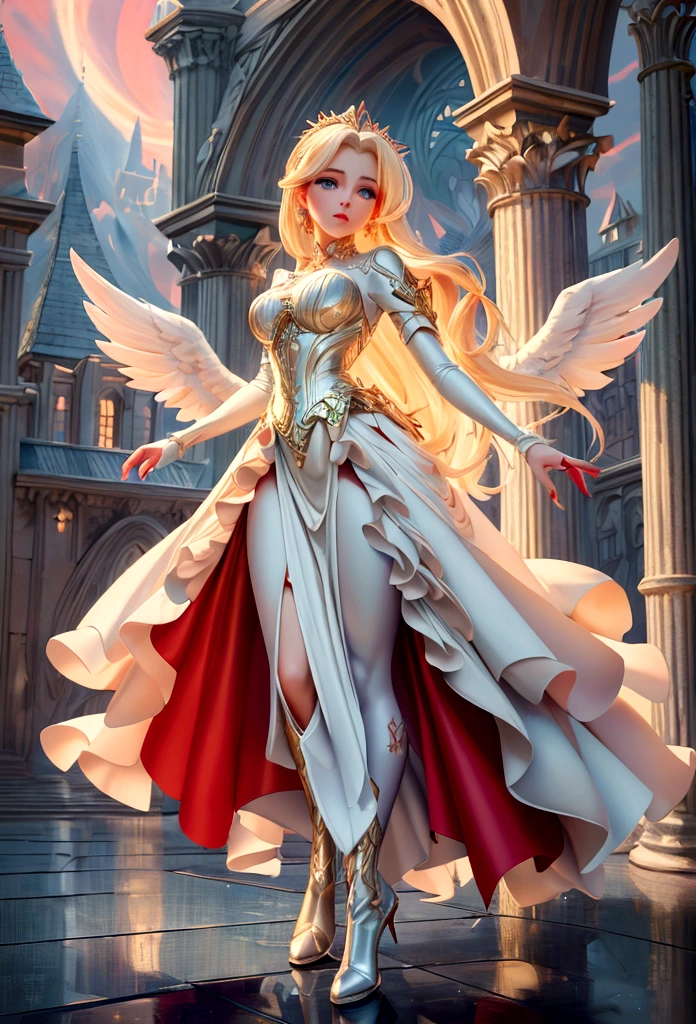 Arafed, a picture of a female angel in high society prom event, divine beautiful female angel, blond hair, long hair, flowing hair, the hair glows in a soft light, cerulean eyes, deep light eyes, divine beautiful face, folded white feather wings, she wears a ((red evening dress: 1.2)), elegant, intricate detailed dress, silk dress, she wears elegant knee high heeled boots, exquisite high heeled boots, she stands on the porch of a fantasy castle, dynamic angle, soft torch light, (Masterpiece: 1.5), 16k, highres, best quality, high details, ultra detailed, masterpiece, best quality, (extremely detailed), AngelStyle, GlowingRunesAI_paleblue, angel_wings