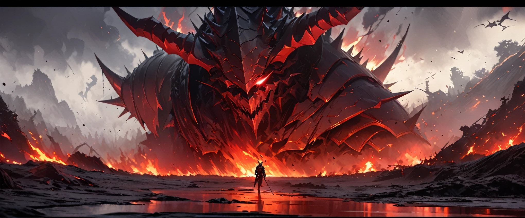  detailed, ink painting, hellscape, dark open space, very detailed, realistic, horrifing spiky environment, wide painting, hell, red flames, ( shady demonic male figures, walking around, horns, slender bodies, spiky demonic armour, red armour plates, faceless, one glowing eye), black mist everywhere, wide shot, atmospheric perspective, perspective, 4k, highres, HD, 4K, best quality, award winning, high quality, super detail, accurate, masterpiece, UHD