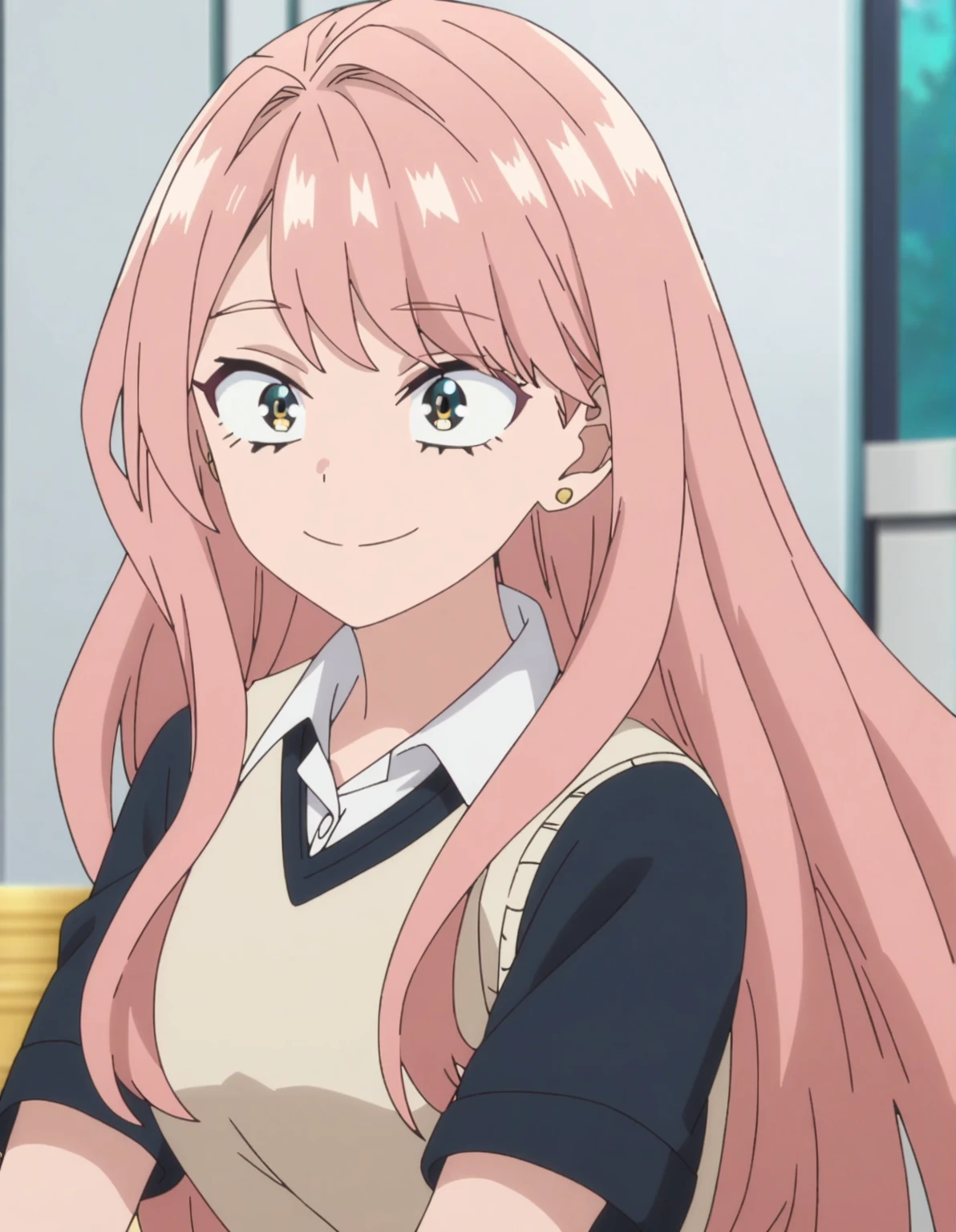 1girl, female focus, my hero academia screencap, boku no hero academia, pink hair, gold eyes, smiling, super long hair, cute, wearing my hero academia , in UA school, cute gold earrings, bangs
