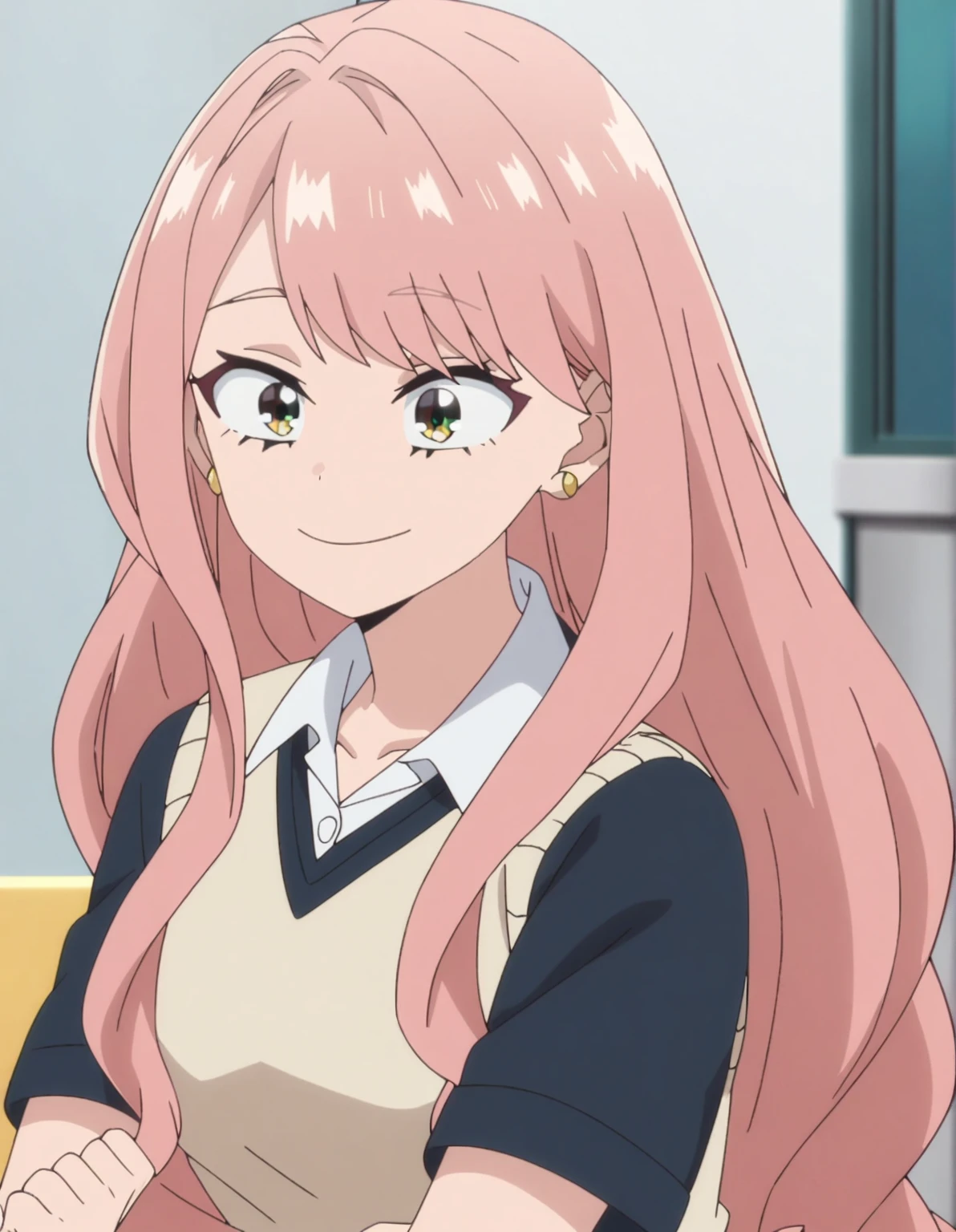 1girl, female focus, my hero academia screencap, boku no hero academia, pink hair, gold eyes, smiling, super long hair, cute, wearing my hero academia , in UA school, cute gold earrings, bangs
