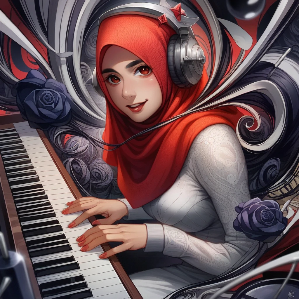 seorang wanita Indonesia main piano, deminsi tinggi, tambahkan icon musik, fantasi design dengan Lipatan kaca cermin berputar putar yang artistik, (seorang wanita cantik kuku merah, hijab warna merah, gaun putih, mata mempesona duduk di belakang piano sambil memainkan piano, menggunakan headphone, pose wajah menghadap ke depan kamera terlihat dekat buket mawar hitam, lantaran belakan cermin, abstrak dan artistik dan definisi tinggi UHD 64K yang Hyper realistic)