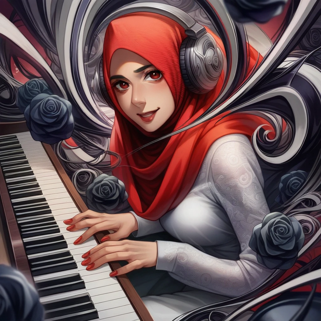 seorang wanita Indonesia main piano, deminsi tinggi, tambahkan icon musik, fantasi design dengan Lipatan kaca cermin berputar putar yang artistik, (seorang wanita cantik kuku merah, hijab warna merah, gaun putih, mata mempesona duduk di belakang piano sambil memainkan piano, menggunakan headphone, pose wajah menghadap ke depan kamera terlihat dekat buket mawar hitam, lantaran belakan cermin, abstrak dan artistik dan definisi tinggi UHD 64K yang Hyper realistic)