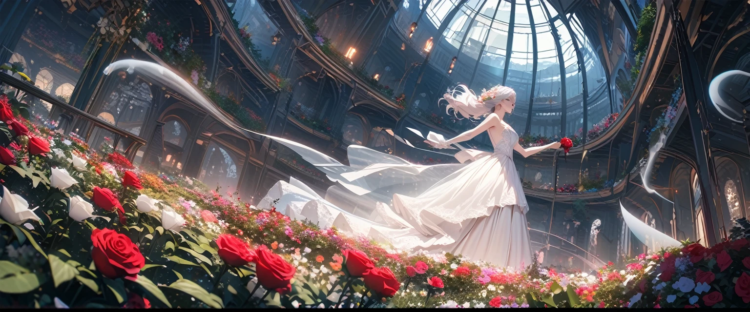 ultra detailed, green and white pallete, flower garden, dark night, (ghost of beautiful woman, long white hair, skeleton makeup, transparent body, flying, red rose in hand, disappering, white wedding dress), digital art, wide shot, atmospheric perspective, perspective, 8k, highres, HD, 4K, best quality, award winning, high quality, super detail, accurate, masterpiece, UHD