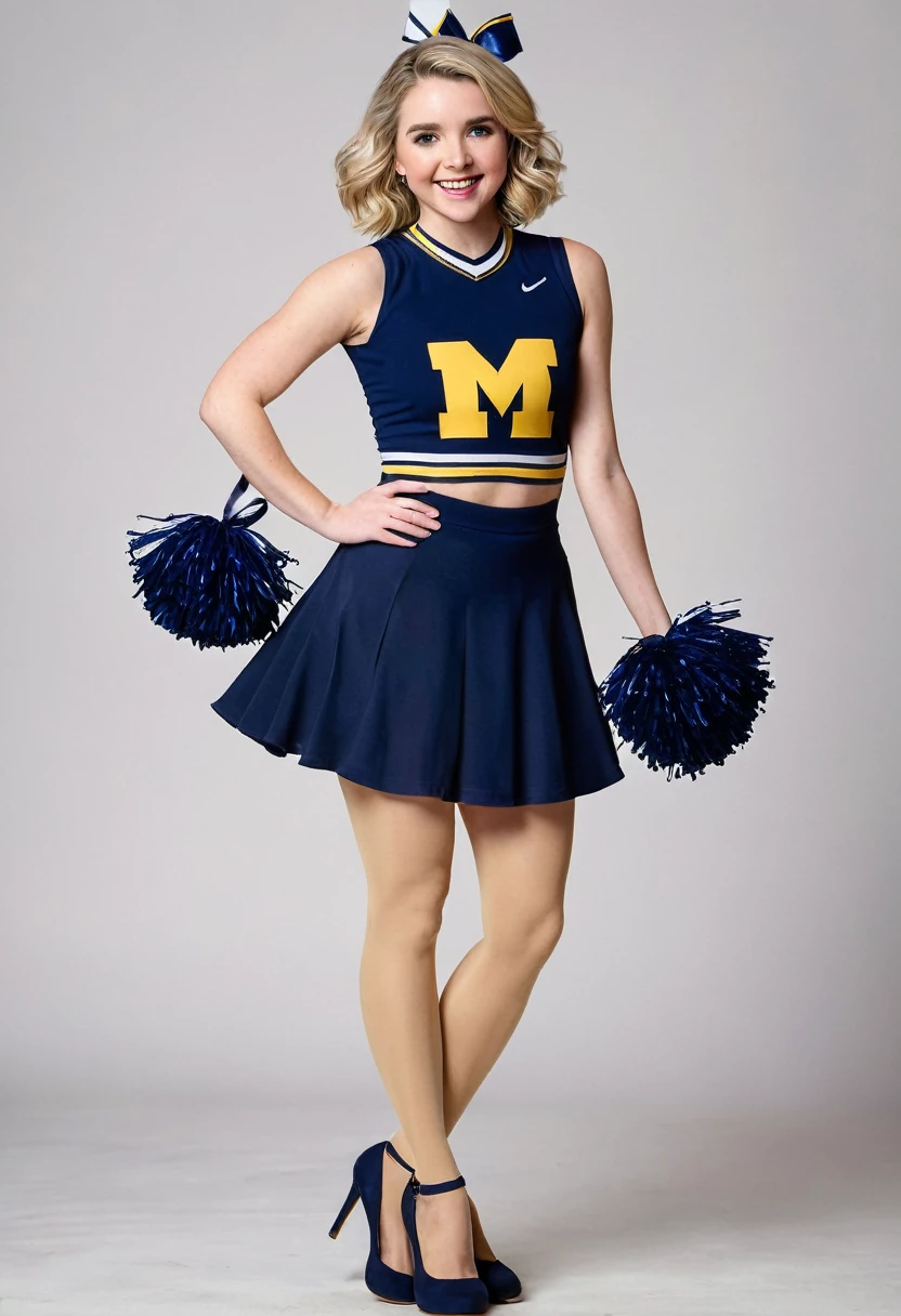 Full length portrait McKenna Grace University of Michigan cheerleader uniform sheer tan pantyhose navy blue high heels holding pompoms cheering in a studio photo shoot 