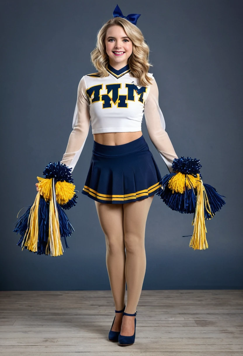 Full length portrait McKenna Grace University of Michigan cheerleader uniform sheer tan pantyhose navy blue high heels holding pompoms cheering in a studio photo shoot