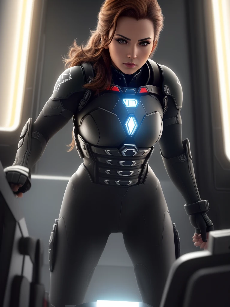 a woman in a black tight flight suit with yellow accents, brown hair, beautiful detailed gray eyes, square jawline, asymmetric face, standing in front of a window on a space ship, (best quality,8k,highres,masterpiece:1.2),ultra-detailed,(realistic,photorealistic,photo-realistic:1.37),HDR,UHD,studio lighting,ultra-fine painting,sharp focus,physically-based rendering,extreme detail description,professional,vivid colors,bokeh,mass effect,close up,fking_cinema_v2