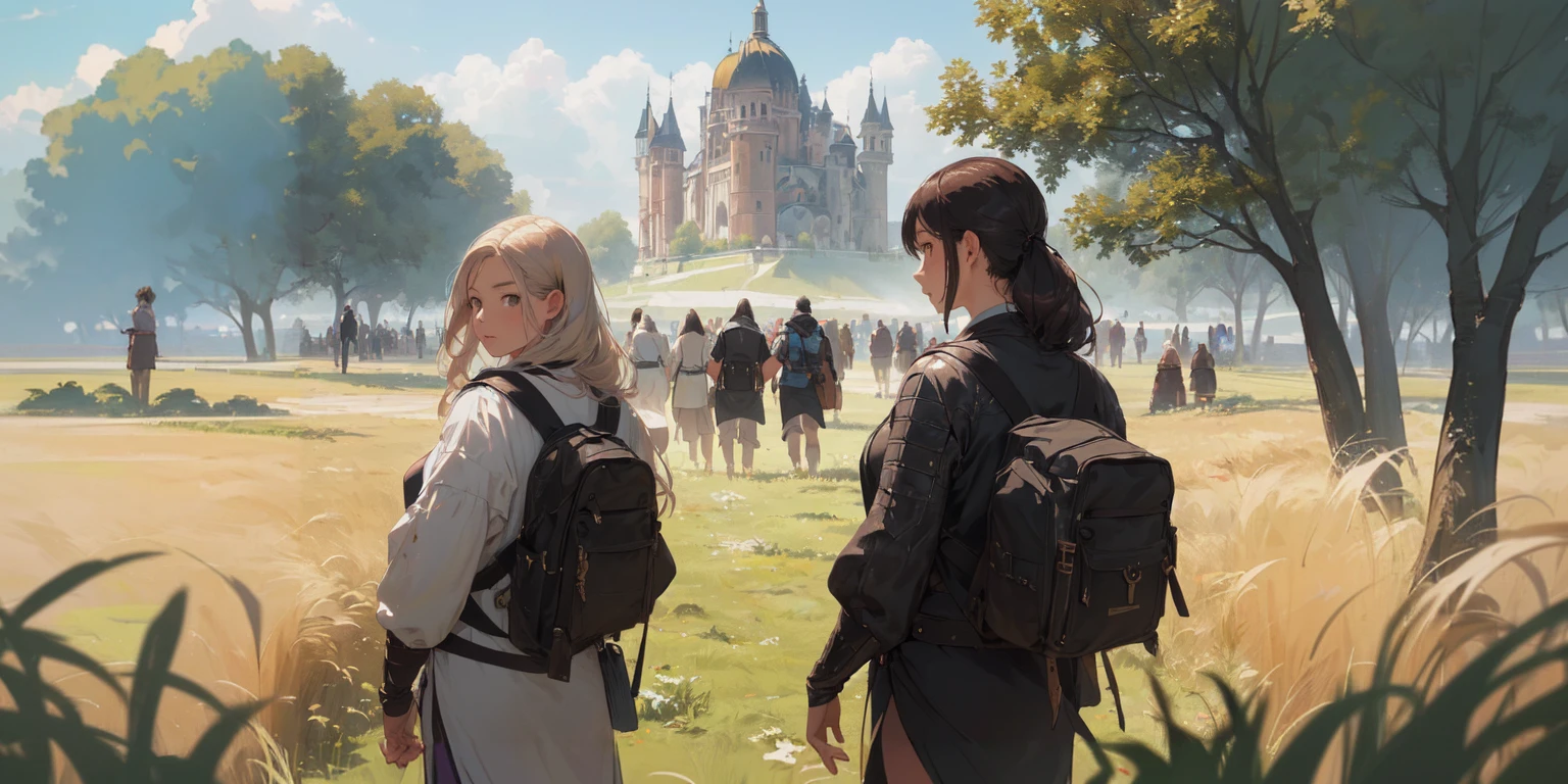 Anime style scene of two women in a field with a castle in the background, Gweiz-style artwork, WLOP and Sakimi-chan, Reusch and Urop, Makoto Shinkai and Tom Bagshaw, Guweiz on ArtStation Pixiv, Krentz Kuschaert and Wenjun Lin, wlop and ross tran