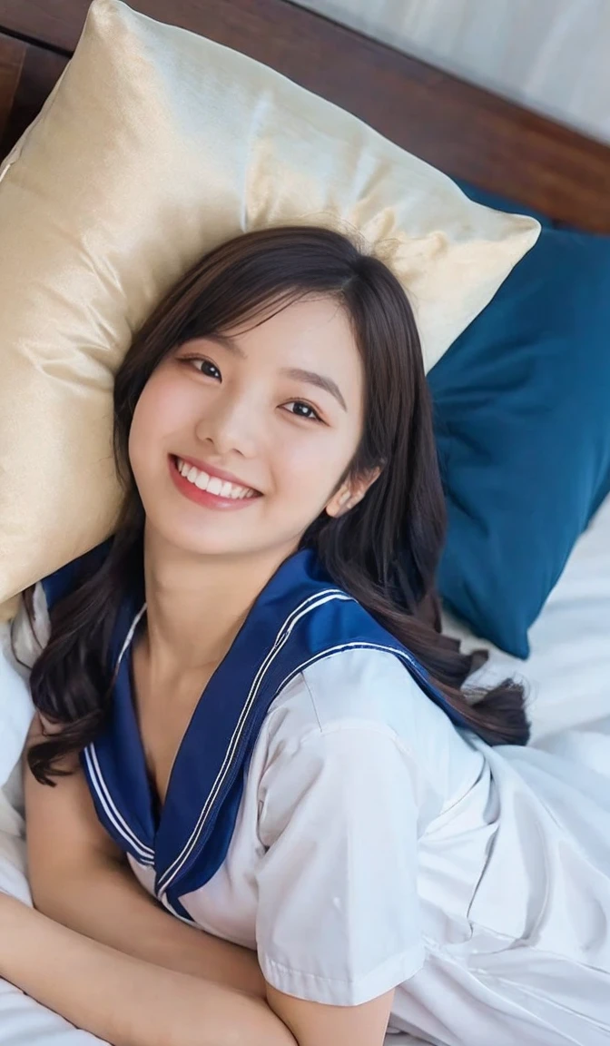 rio, nsfw, (On the bed), (Lying down), From above, Student Sailor Suit, Light Smile