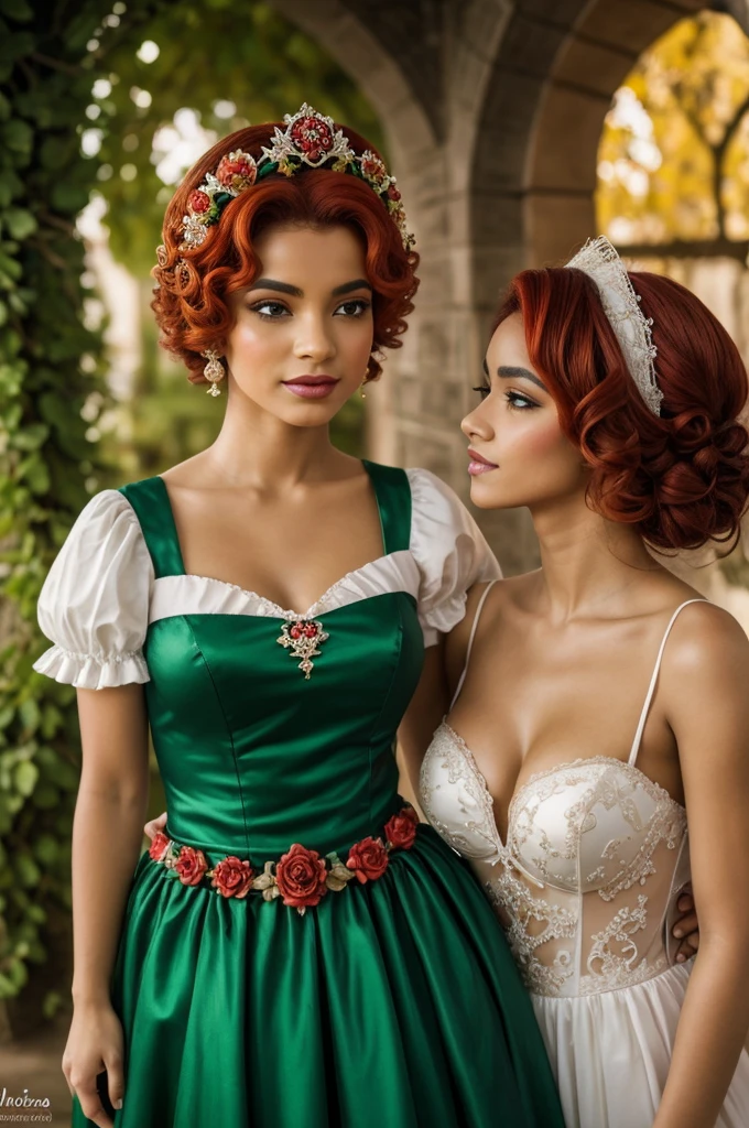 You can make an image of a light-skinned jester, pelirrojo, vestuario verde, triangulos volteados en las mejillas besando a una chica vestida de rosa, piel color caramelo, pelo verde con dos molotes con una corona
