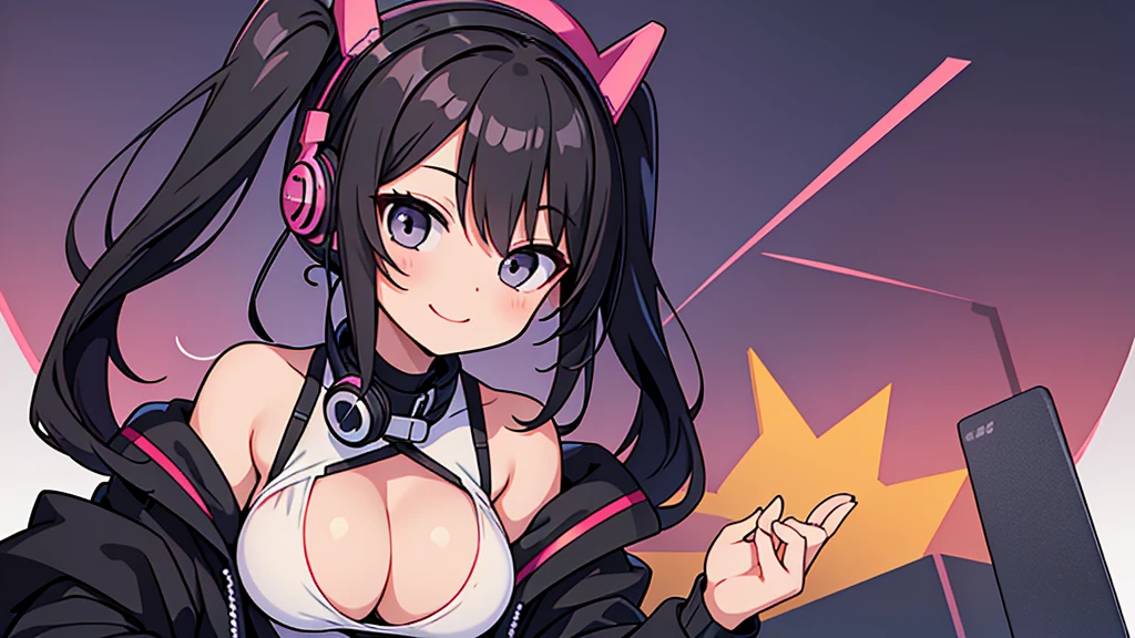 masterpiece,anime style,chibi,sexy girl,black hair,shoulder length hair with two pigtails,black jacket,with headphones,lo fi background,smiling,big breasts,listening to music,waiting on the right side of the image,