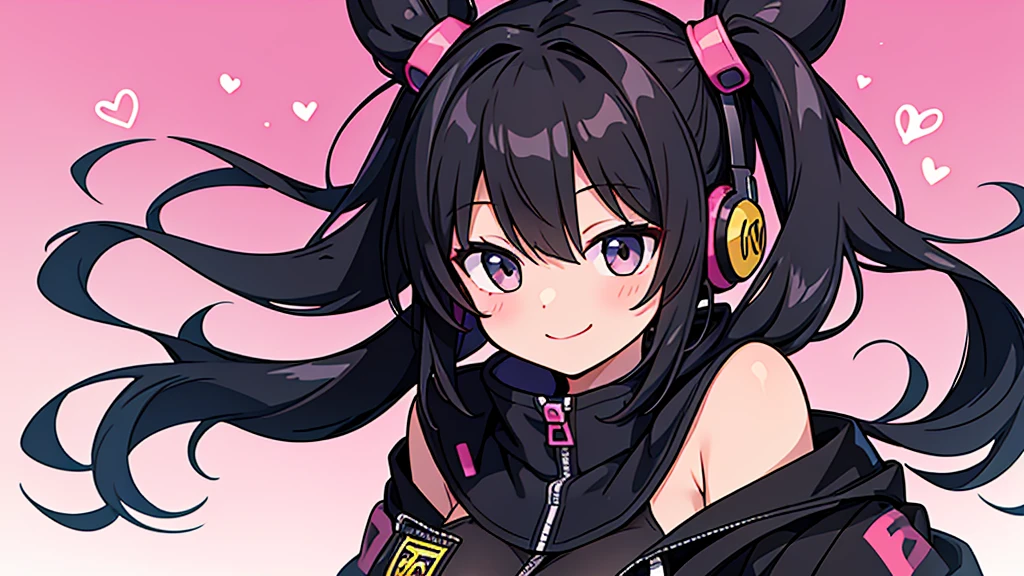 masterpiece,anime style,chibi,sexy girl,black hair,shoulder length hair with two pigtails,black jacket,with headphones,lo fi background,smiling,big breasts,listening to music,waiting on the right side of the image,