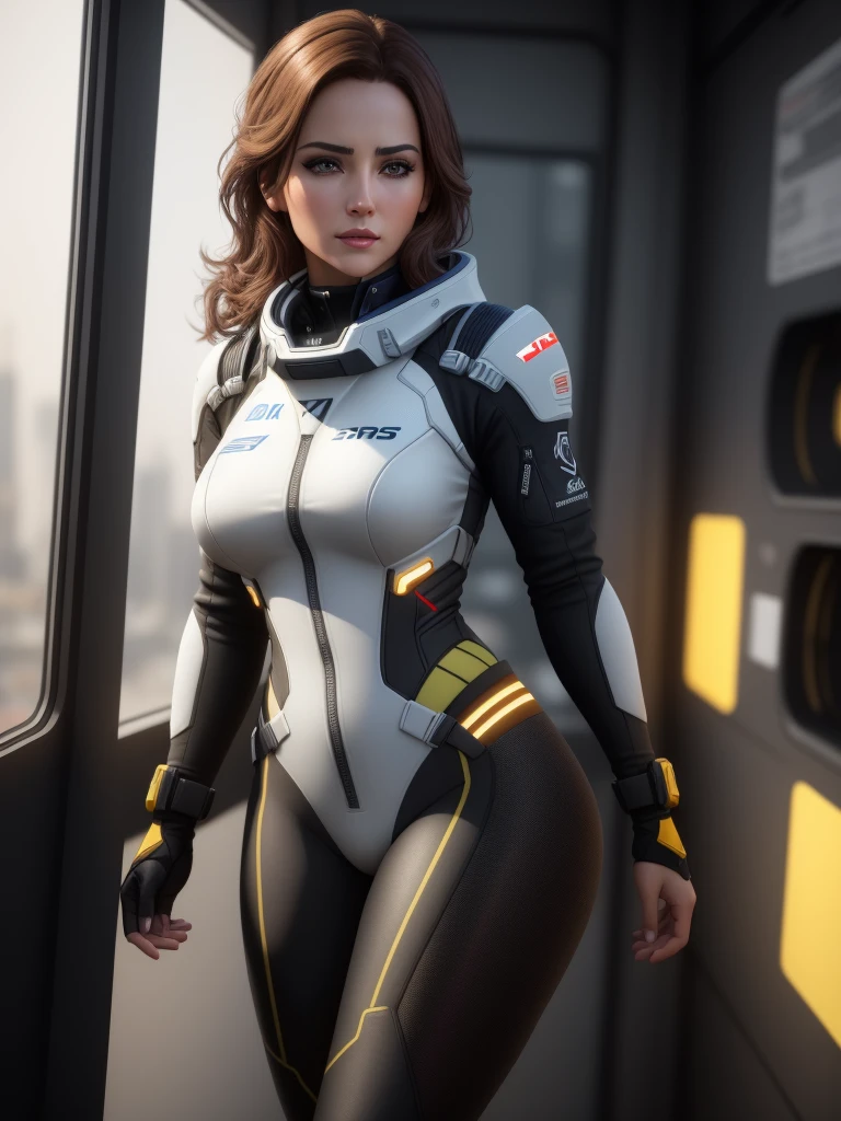 a woman in a black tight flight suit with yellow accents, brown hair, beautiful detailed gray eyes, square jawline, asymmetric face, standing in front of a window on a space ship, (best quality,8k,highres,masterpiece:1.2),ultra-detailed,(realistic,photorealistic,photo-realistic:1.37),HDR,UHD,studio lighting,ultra-fine painting,sharp focus,physically-based rendering,extreme detail description,professional,vivid colors,bokeh,mass effect,close up,fking_cinema_v2