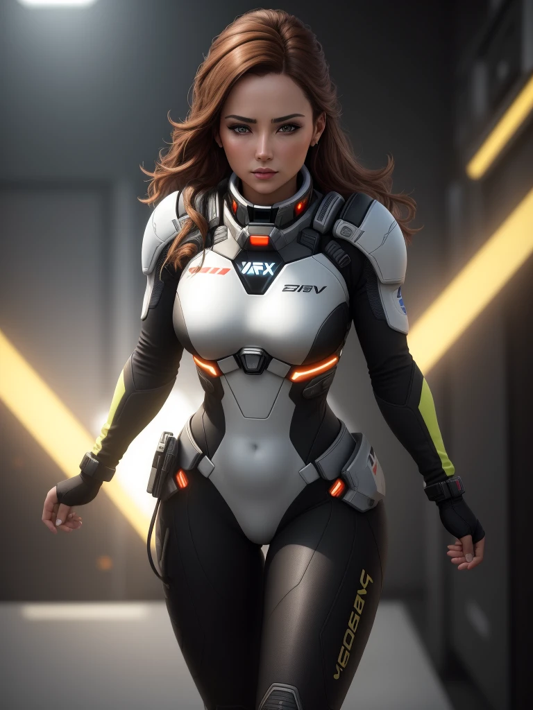 a woman in a black tight flight suit with yellow accents, brown hair, beautiful detailed gray eyes, square jawline, asymmetric face, standing in front of a window on a space ship, (best quality,8k,highres,masterpiece:1.2),ultra-detailed,(realistic,photorealistic,photo-realistic:1.37),HDR,UHD,studio lighting,ultra-fine painting,sharp focus,physically-based rendering,extreme detail description,professional,vivid colors,bokeh,mass effect,close up,fking_cinema_v2