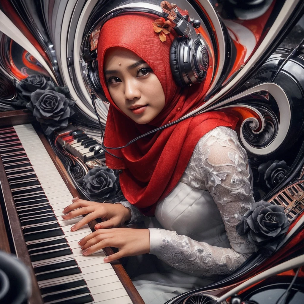 seorang wanita Indonesia main piano, deminsi tinggi, tambahkan icon musik, fantasi design dengan Lipatan kaca cermin berputar putar yang artistik, (seorang wanita cantik kuku merah, hijab warna merah, gaun putih, mata mempesona duduk di belakang piano sambil memainkan piano, menggunakan headphone, pose wajah menghadap ke depan kamera terlihat dekat buket mawar hitam, lantaran belakan cermin, abstrak dan artistik dan definisi tinggi UHD 64K yang Hyper realistic)