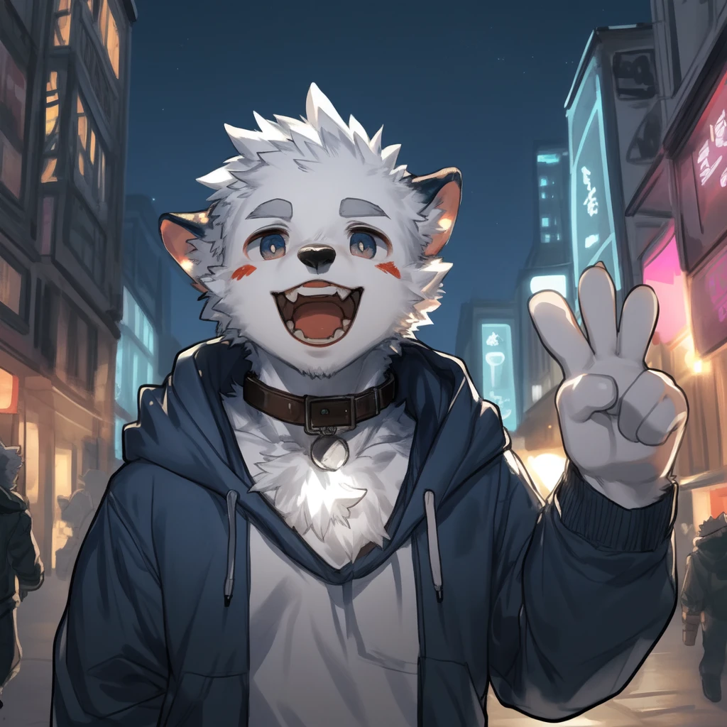 ((From milkytiger1145,author:dendryte axxon)),
hairy,Beast field,anthropology,
Smile,((teeth)),((Laughing)),(((open mouth))),
Delicate eyes,absurd Delicate eyes,
permanent,(Front view:1.2),(((V Sign))),5 fingers,
(young people,Handsome,Big eyes),
( Male wolfurosaurus),Long, pointy wolf ears,(deep blue ears),(White mouth and black nose:1.3),White muzzle,(Hands with dark blue outside and white inside:1.2),
Modern city at night,Medium shot,
rogue,(Three White),Hoodies & Shirts,Collar,
Looking at the audience,
