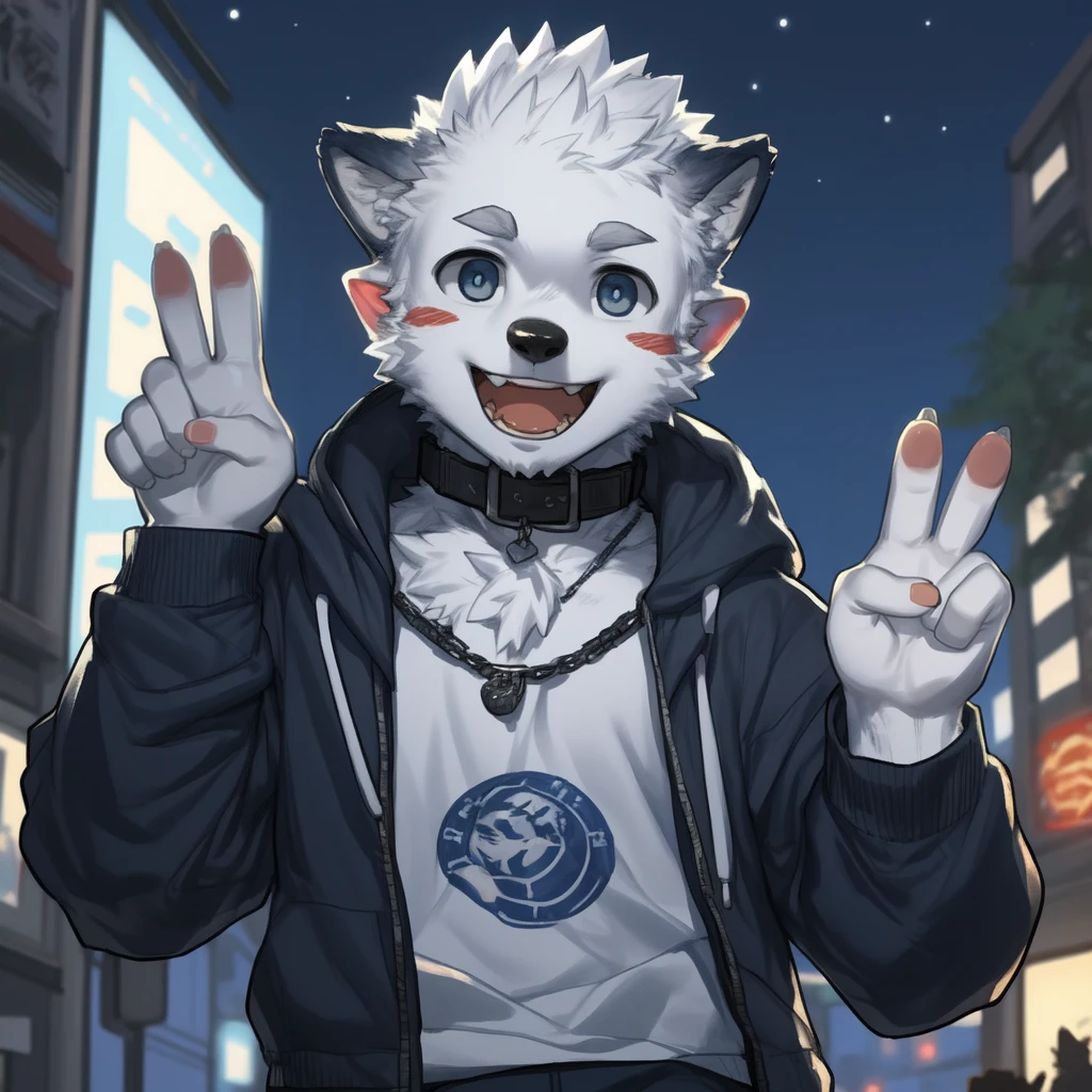 ((From milkytiger1145,author:dendryte axxon)),
hairy,Beast field,anthropology,
Smile,((teeth)),((Laughing)),(((open mouth))),
Delicate eyes,absurd Delicate eyes,
permanent,(Front view:1.2),(((V Sign))),5 fingers,
(young people,Handsome,Big eyes),
( Male wolfurosaurus),Long, pointy wolf ears,(deep blue ears),(White mouth and black nose:1.3),White muzzle,(Hands with dark blue outside and white inside:1.2),
Modern city at night,Medium shot,
rogue,(Three White),Hoodies & Shirts,Collar,
Looking at the audience,