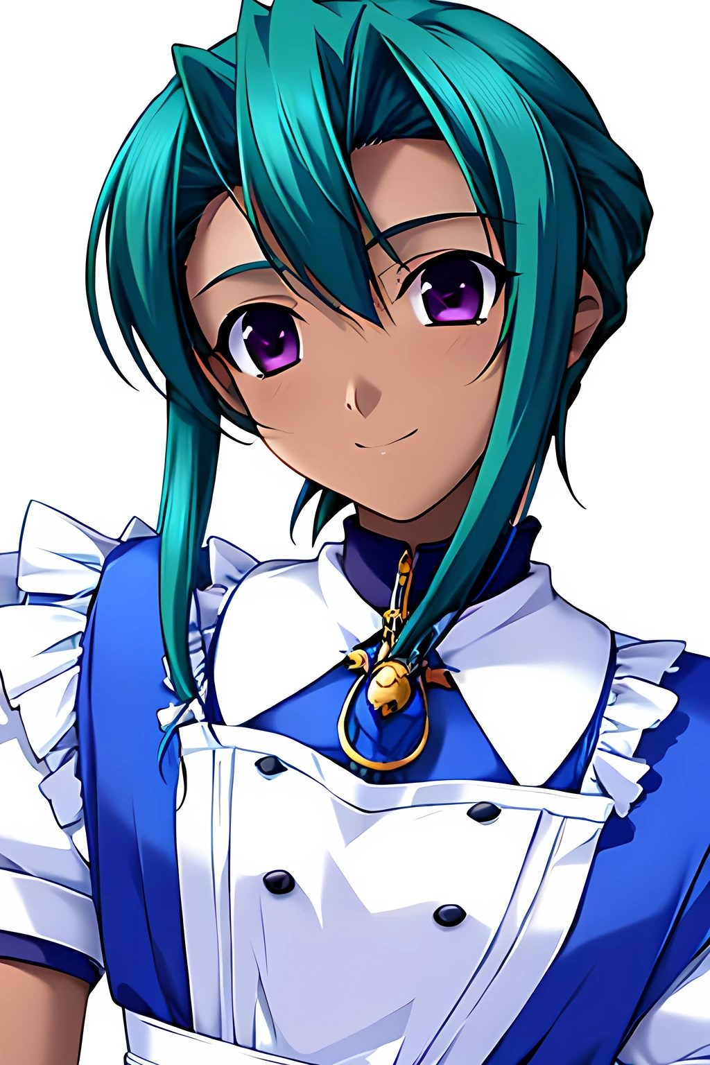 ((masterpiece, high quality, best quality)), (((solo male))), {{blue maid outfit}}, {medium length hair, green hair, pink eyes}, ((dark skin)), smile, upper body, dynamic angle