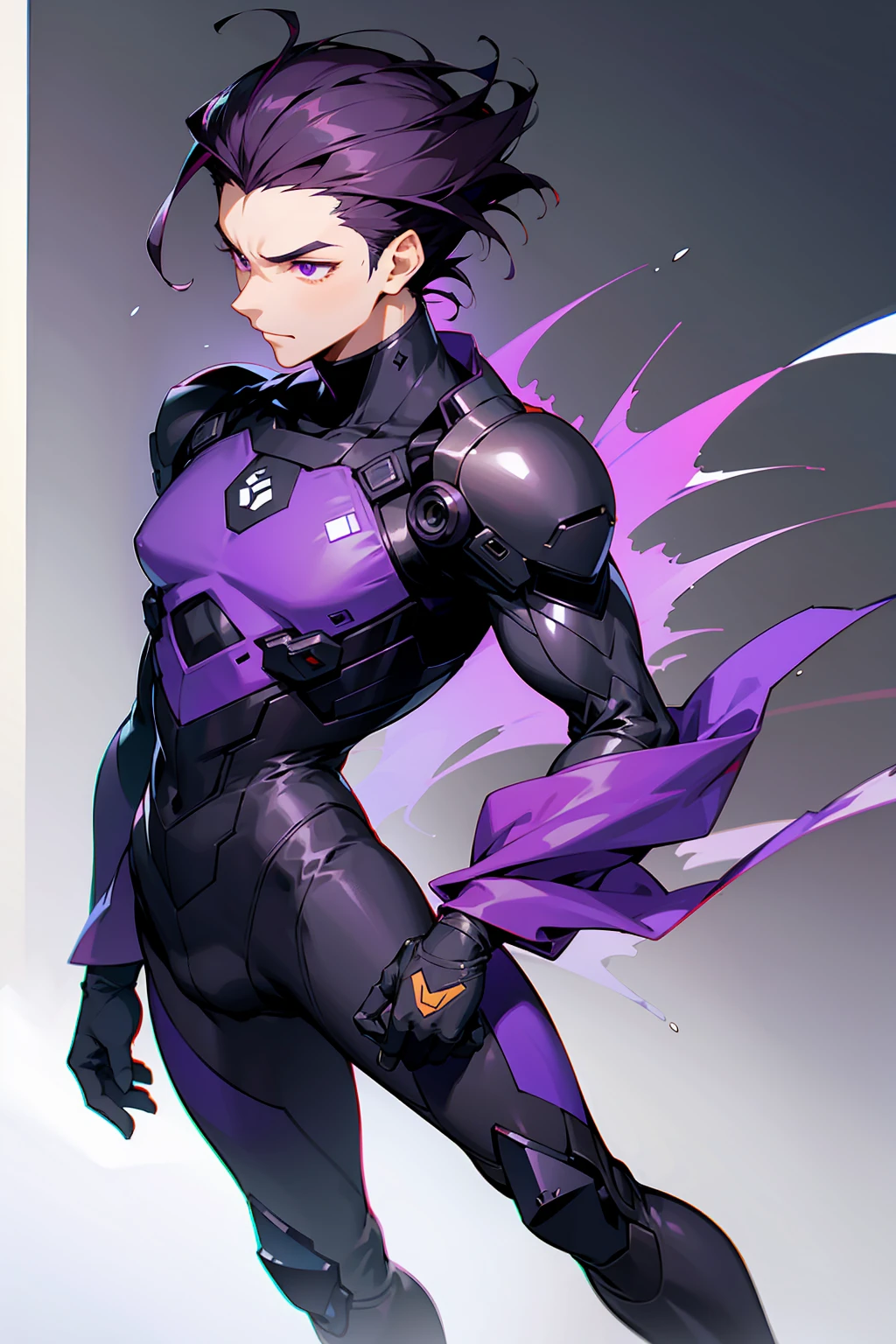 1male, Young Adult, Dark Violet Hair, Short Hair, Dojo Background, Slight Smile, Standing In City, Detailed background, Black and White Combat Suit, Sharp Eyes, Purple Eyes, Slicked Back Hair