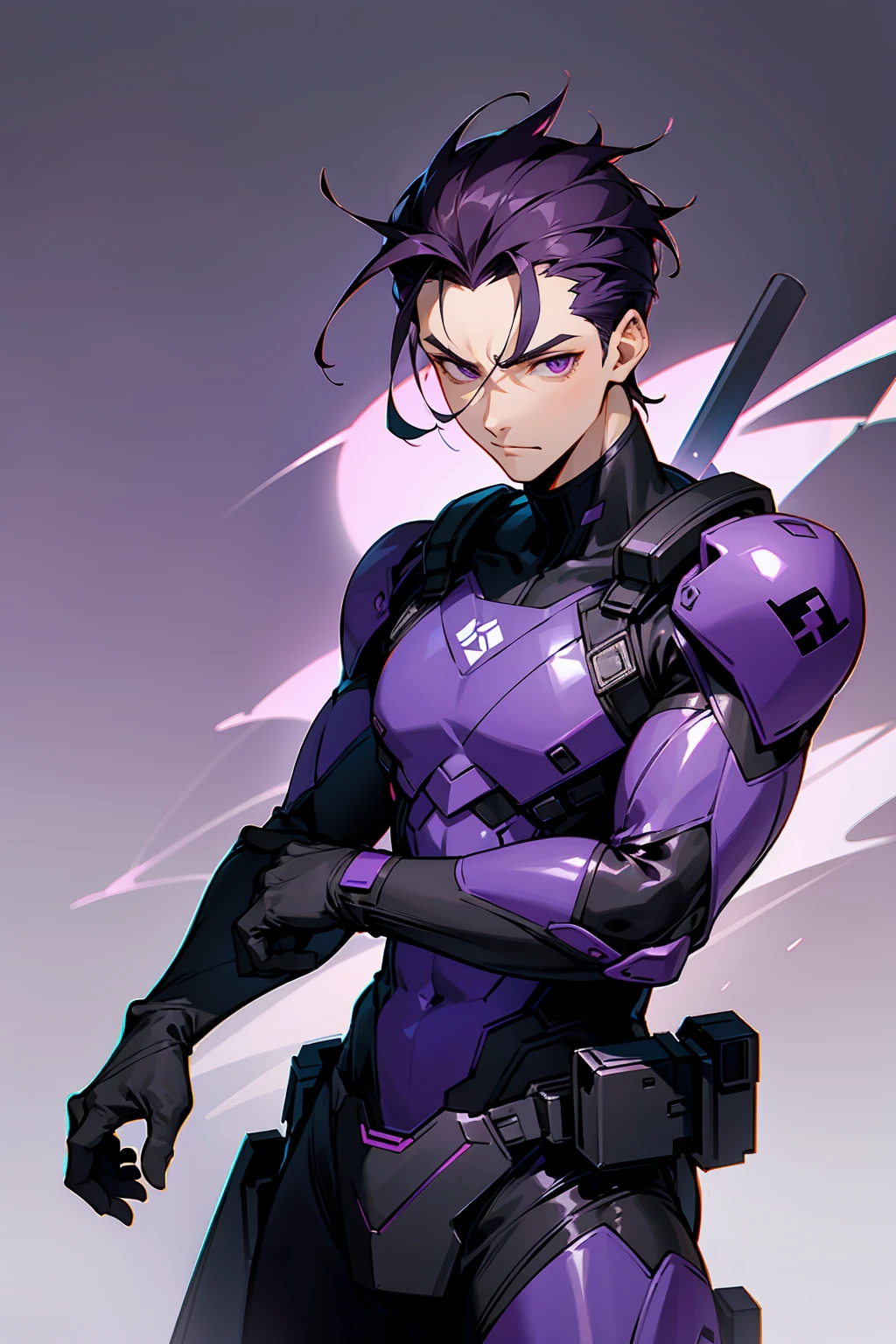 1male, Young Adult, Dark Violet Hair, Short Hair, Dojo Background, Slight Smile, Standing In City, Detailed background, Black and White Combat Suit, Sharp Eyes, Purple Eyes, Slicked Back Hair